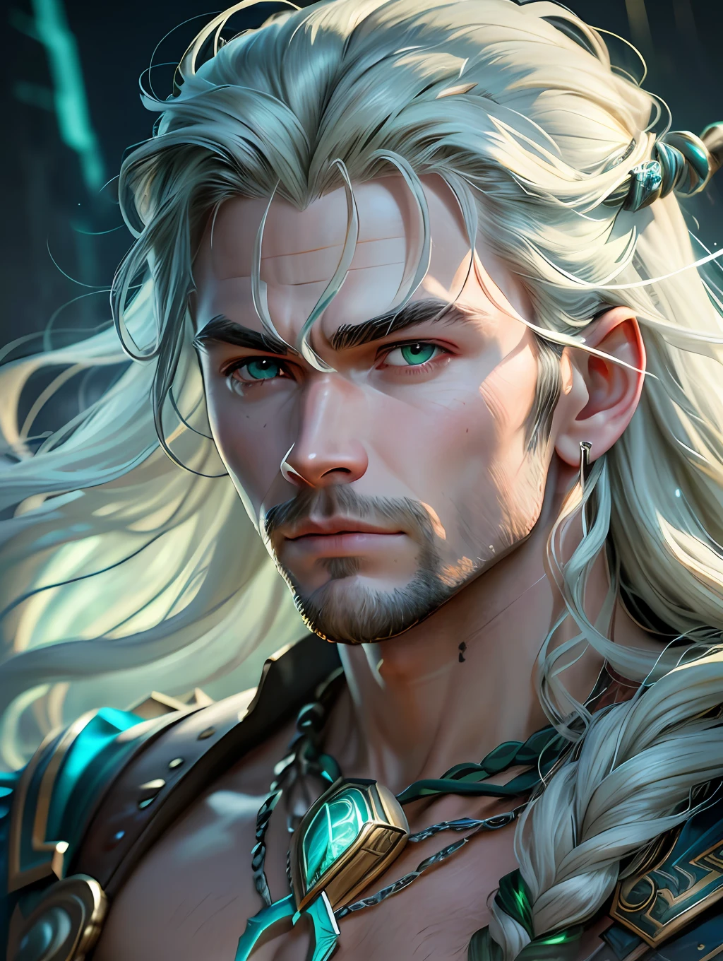 A photorealistic portrait of Chris Hemsworth with long white hair, as Poseidon God of the Seas, wearing a chain around his neck (glowing green chain:1.2) (in hand:1.2), cinematic rim light, very strong and fitted, intense action, dynamic juxtaposition, wearing royal clothes and holding a bronze trident with precious gems, warrior helmet and a sword, with a futuristic underwater kingdom as the background, fierce, tumblr contest winner, hurufiyya, very strong and masculine, movie still, cinematic lighting. photograph, detailed symmetric realistic face, extremely detailed natural texture, peach fuzz, long waived hair, masterpiece, absurdres, nikon d850 film stock photograph, kodak portra 400 camera f1.6 lens, extremely detailed, amazing, fine detail, hyper realistic lifelike texture, dramatic lighting, unrealengine, trending on artstation, cinestill 800 tungsten, looking at the viewer, photo realistic, RAW photo, TanvirTamim, high quality, highres, sharp focus, extremely detailed, cinematic lighting, 8k uhd,-imagine-