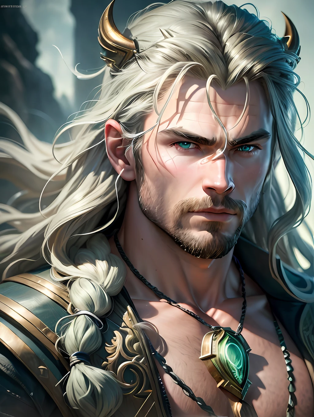A photorealistic portrait of Chris Hemsworth with long white hair, as Poseidon God of the Seas, wearing a chain around his neck (glowing green chain:1.2) (in hand:1.2), cinematic rim light, very strong and fitted, intense action, dynamic juxtaposition, wearing royal clothes and holding a bronze trident with precious gems, warrior helmet and a sword, with a futuristic underwater kingdom as the background, fierce, tumblr contest winner, hurufiyya, very strong and masculine, movie still, cinematic lighting. photograph, detailed symmetric realistic face, extremely detailed natural texture, peach fuzz, long waived hair, masterpiece, absurdres, nikon d850 film stock photograph, kodak portra 400 camera f1.6 lens, extremely detailed, amazing, fine detail, hyper realistic lifelike texture, dramatic lighting, unrealengine, trending on artstation, cinestill 800 tungsten, looking at the viewer, photo realistic, RAW photo, TanvirTamim, high quality, highres, sharp focus, extremely detailed, cinematic lighting, 8k uhd,-imagine-
