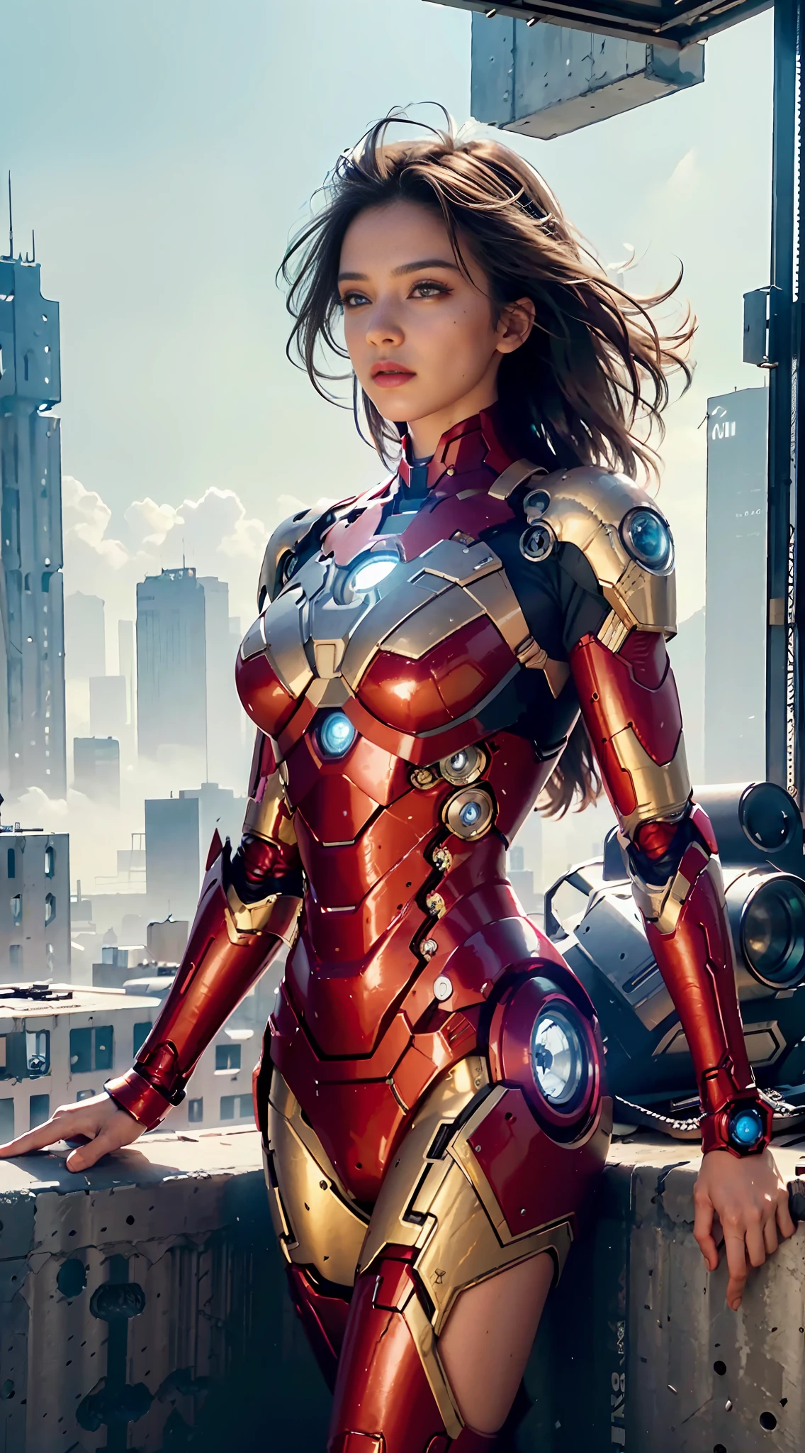RAW, Masterpiece, Ultra Fine Photo,, Best Quality, Ultra High Resolution, Photorealistic, Sunlight, Full Body Portrait, Stunningly Beautiful,, Dynamic Poses, Delicate Face, Vibrant Eyes, (Side View) , she is wearing a futuristic Iron Man mech, red and gold color scheme, highly detailed abandoned warehouse background, detailed face, detailed and complex busy background, messy, gorgeous, milky white, high detailed skin, realistic skin details, visible pores , sharp focus, volumetric fog, 8k uhd, dslr camera, high quality, film grain, fair skin, photorealism, lomography, sprawling metropolis in futuristic dystopia, view from below, translucent