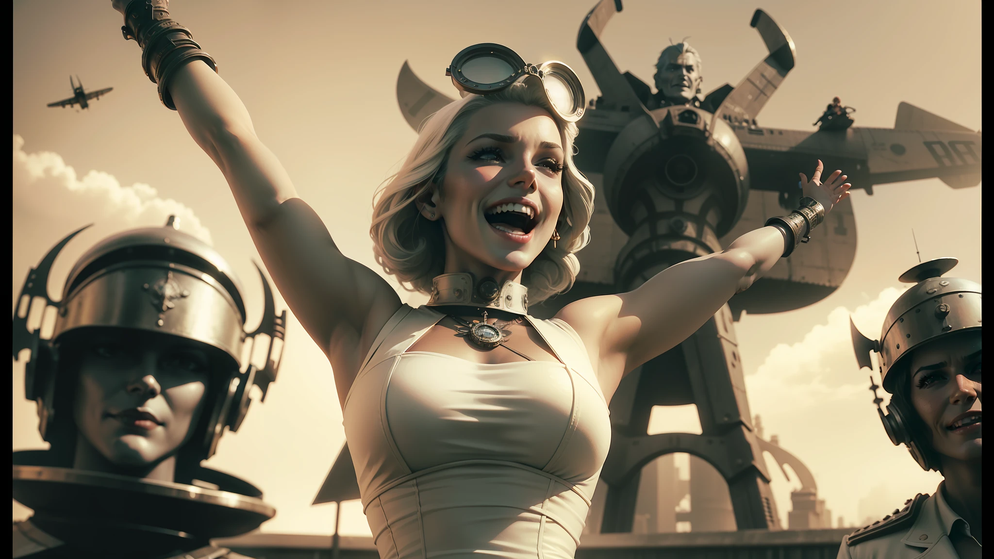 there is a woman in a white dress and some people, film still from sin city, being delighted and cheerful, steampunk city on the background, bronze - skinned, fallout airplane concept art, riverdale, protagonist in foreground, colorgrading --ar 16:9 --auto --s2