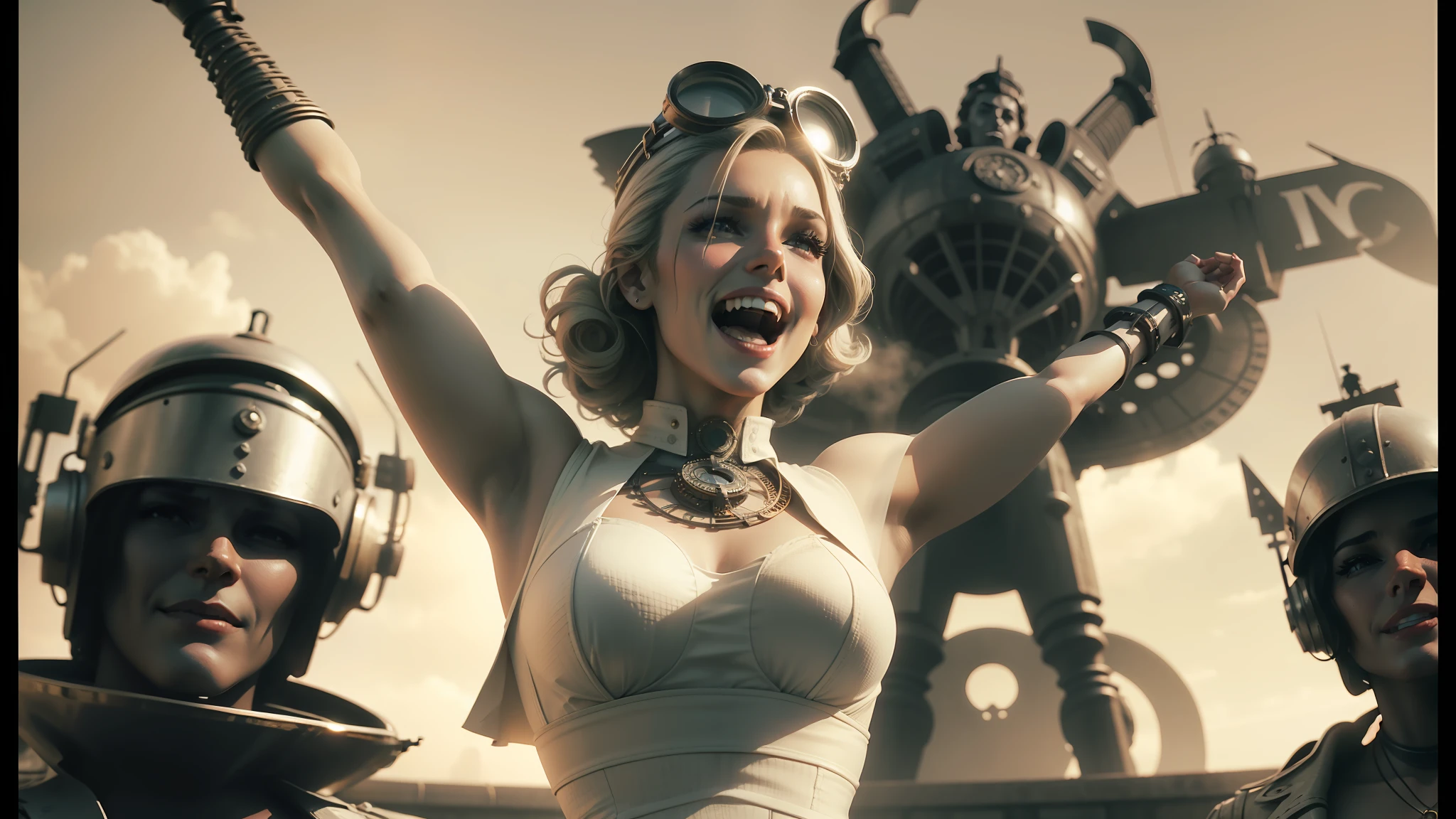 there is a woman in a white dress and some people, film still from sin city, being delighted and cheerful, steampunk city on the background, bronze - skinned, fallout airplane concept art, riverdale, protagonist in foreground, colorgrading --ar 16:9 --auto --s2