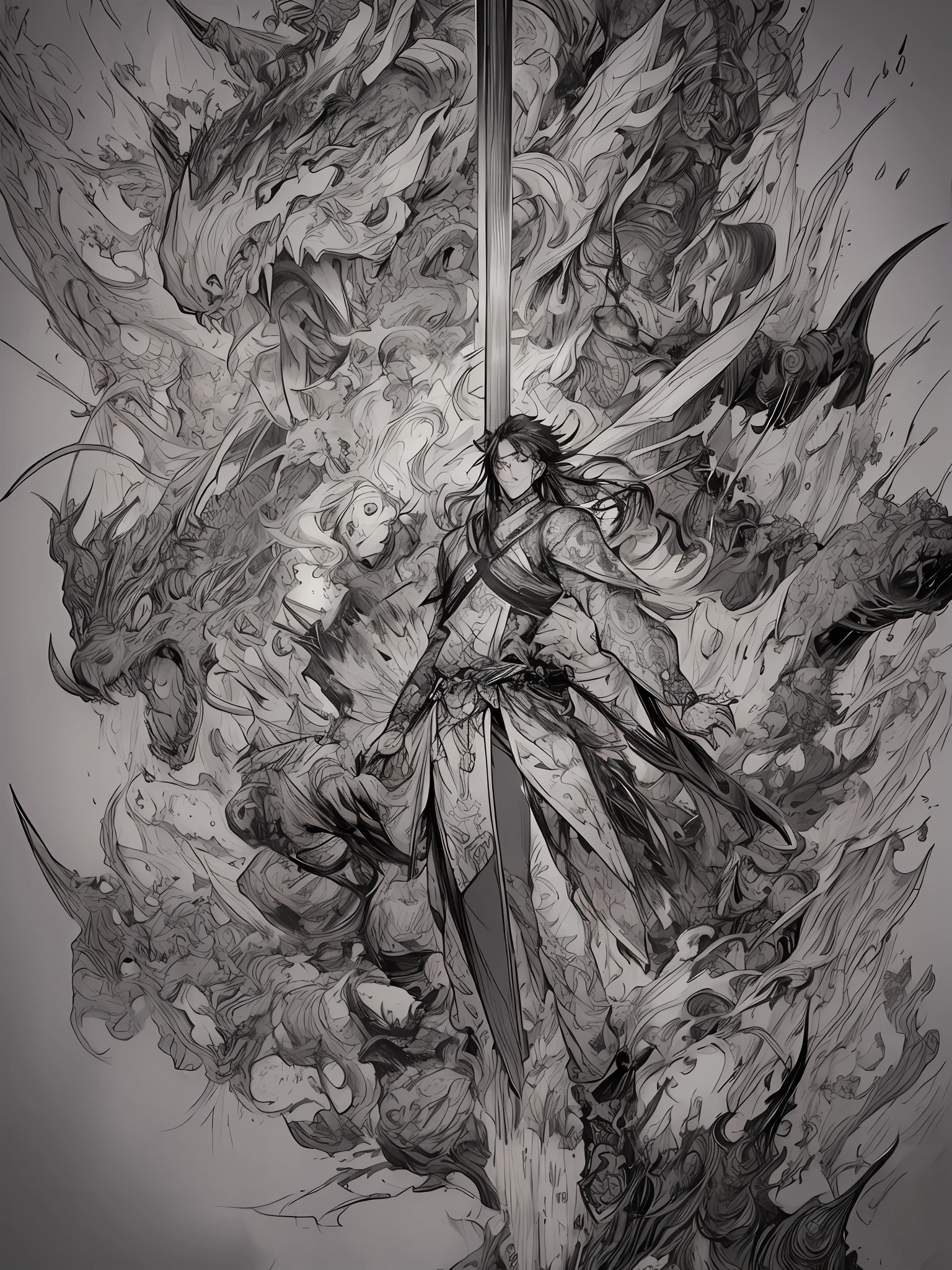 a drawing of a man and woman with a sword and a demon, akira from chinese mythology, detailed but rough, cell shaded anime intricate, very detailed!!, intricate manga drawing, highly detailed exquisite fanart, detailed full body concept, detailed intricate sketch, hyper detailed manga drawing, detailed fanart, extremely detailed!, by Kamagurka, pencil and ink manga drawing