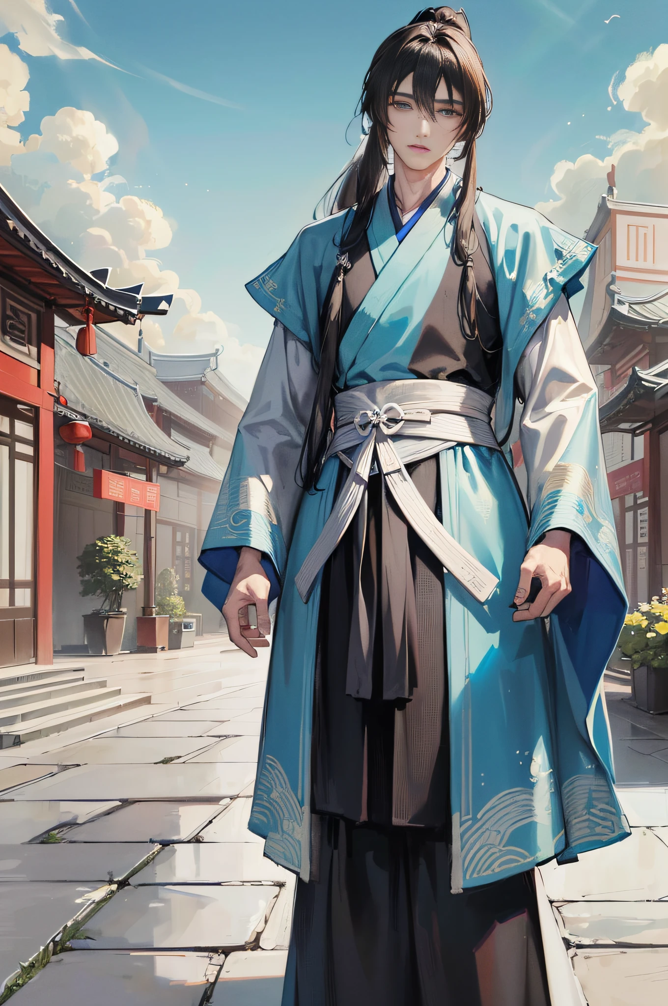 Masterpiece, Excellent, ((Two Men)), Chinese Style, Ancient Chinese, Black Hair, Gray and Blue Eyes, Split Hair, Long Hair, Long Bangs, High Ponytail, Handsome, Masculine, Gentle, Tall, Quiet, Cyan Robe, Outdoor, Wind, (2 Young Men), Expression Excitement, Posture, (Hanfu, Ming Style), (Ming Architectural Background)
