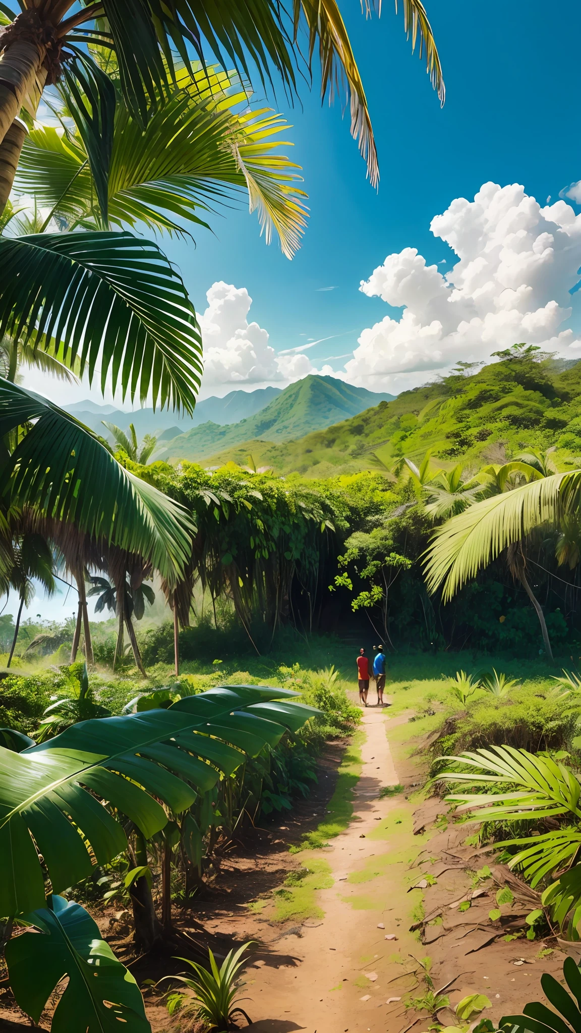 “Create a captivating image in a vibrant and dynamic style that represents the essence of Jamaica. In the center of the image, depict a lush tropical forest with towering trees, alongside fields of swaying sugar cane. Use a rich color palette, incorporating deep greens for the forest and vibrant shades of green for the sugar cane, capturing the diverse and abundant nature of the Jamaican landscape. To enhance the depiction of the sugar cane fields, include workers tending to the crops, showcasing the agricultural significance of sugar cane in Jamaica’s history and economy. Emphasize the tall stalks and vibrant green color of the sugar cane, bringing them to life in the composition. Integrate the lively and colorful birdlife found in Jamaican forests. Illustrate native birds such as the Jamaican Tody or the Red-billed Streamertail, known as the national bird of Jamaica. These birds, with their vibrant plumage and unique characteristics, add an element of beauty and enchantment to the image. In the background, capture the majestic Blue Mountains, their misty peaks rising in the distance. These mountains are not only a stunning natural feature of Jamaica but also contribute to the ideal conditions for growing coffee. Incorporate subtle elements that represent the coffee industry, such as coffee plants or a small coffee bean illustration. To add a touch of Jamaican culture, include individuals engaging in activities that reflect the island’s spirit, such as playing reggae music, dancing, or enjoying the vibrant local cuisine. Ensure that the composition portrays depth and movement, with birds soaring through the air, leaves rustling in the wind, and the warm glow of sunlight filtering through the forest canopy. This will create a sense of energy and immersion in the --auto --s2