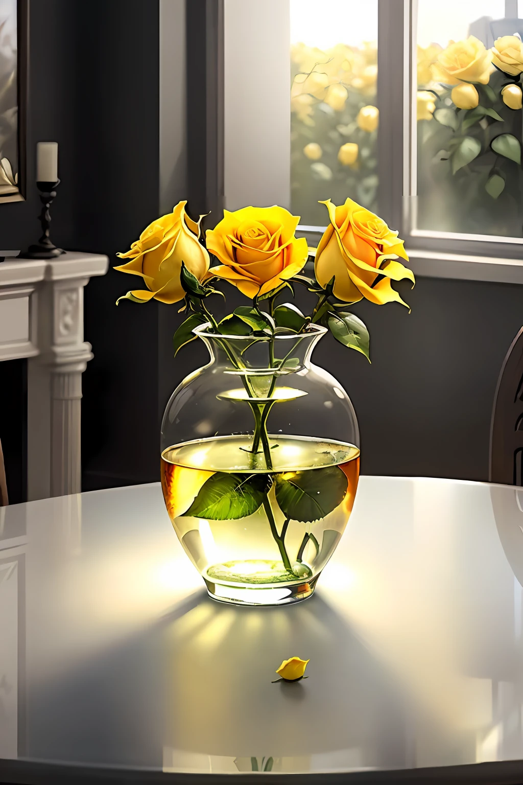Masterpiece, best quality, a thin and narrow vase of transparent glass with water inside containing a yellow rose on the table, warm sunlight