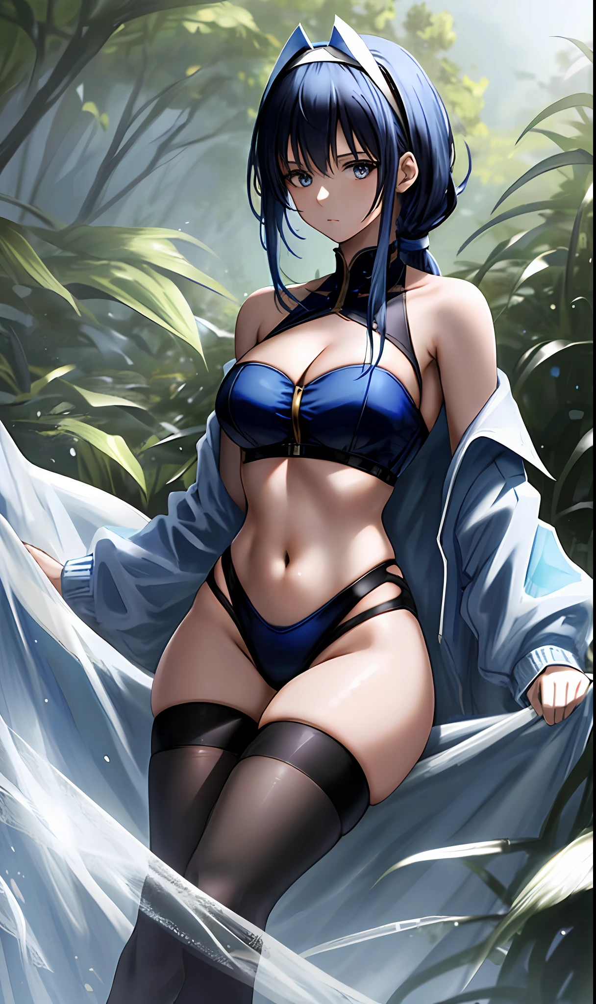 ((masterpiece, best quality)), (1girl),((mature female)), blue hair, hairband, bangs, long hair, two piece strapless suit, micro suit, __location__, leotard, , black hairband, shoulder cutout, black thitying hair,curvy,cleavage,confident,nature, dark fantasy,