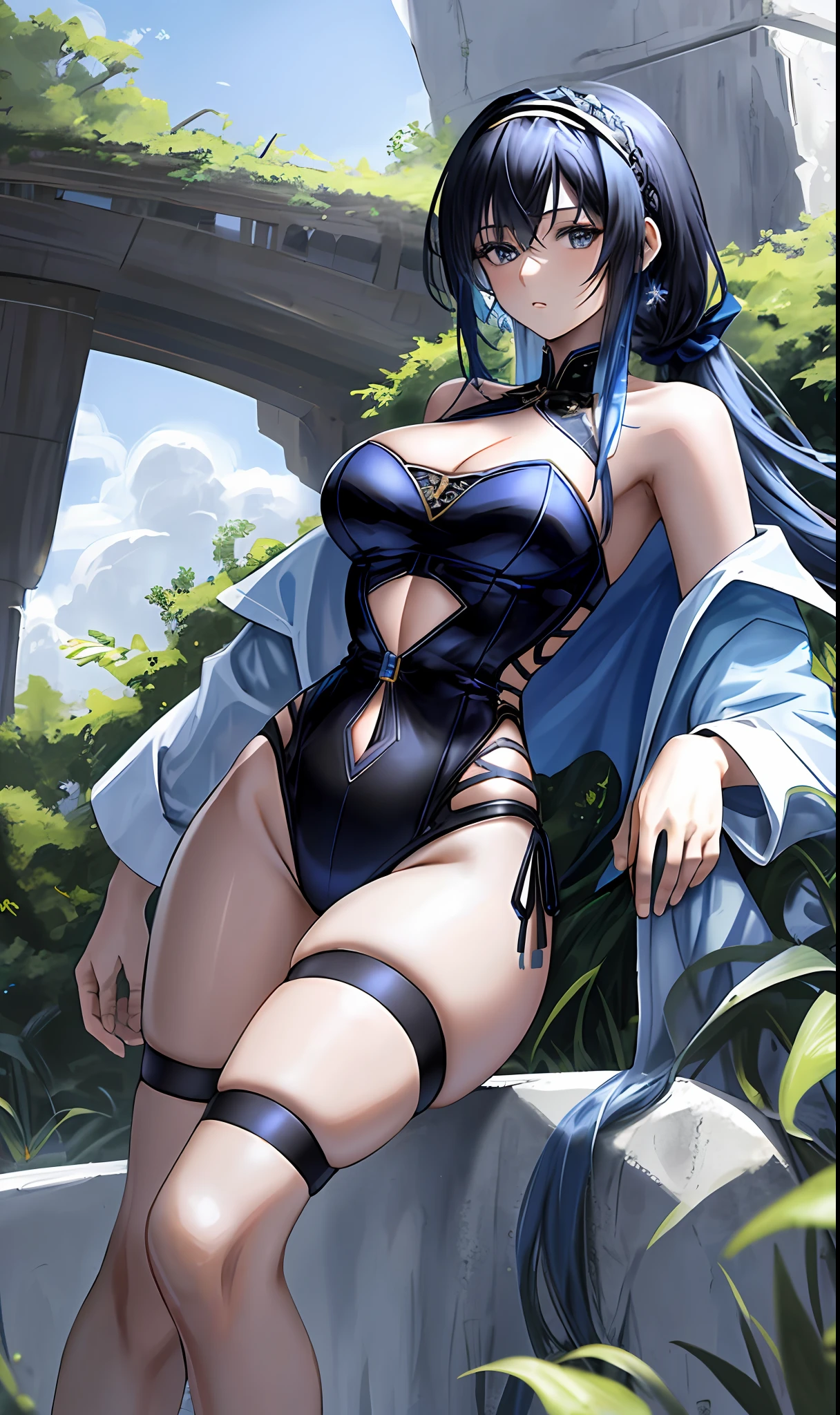 ((masterpiece, best quality)), (1girl),((mature female)), blue hair, hairband, bangs, long hair, two piece strapless suit, micro suit, __location__， leotard, , black hairband, shoulder cutout, black thitying hair,curvy,cleavage,confident,nature, dark fantasy,