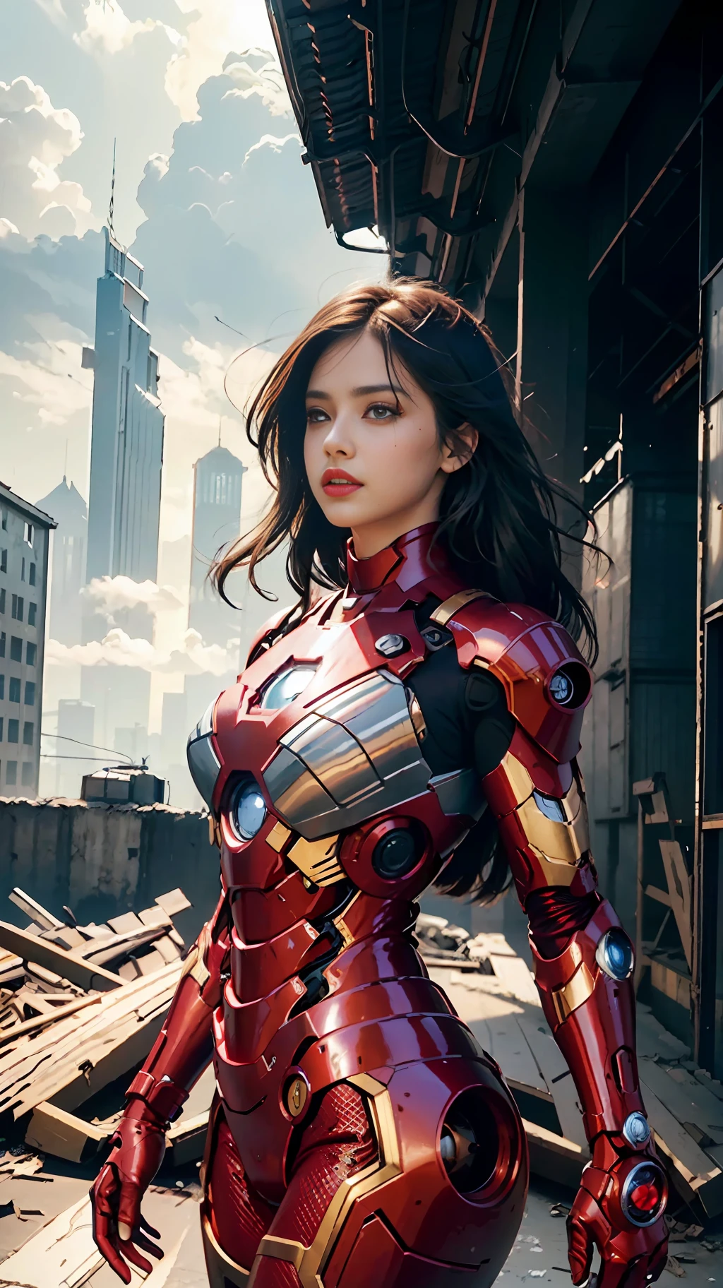 RAW, Masterpiece, Ultra Fine Photo,, Best Quality, Ultra High Resolution, Photorealistic, Sunlight, Full Body Portrait, Stunningly Beautiful,, Dynamic Poses, Delicate Face, Vibrant Eyes, (Side View) , she is wearing a futuristic Iron Man mech, red and gold color scheme, highly detailed abandoned warehouse background, detailed face, detailed and complex busy background, messy, gorgeous, milky white, high detailed skin, realistic skin details, visible pores , sharp focus, volumetric fog, 8k uhd, dslr camera, high quality, film grain, fair skin, photorealism, lomography, sprawling metropolis in futuristic dystopia, view from below, translucent