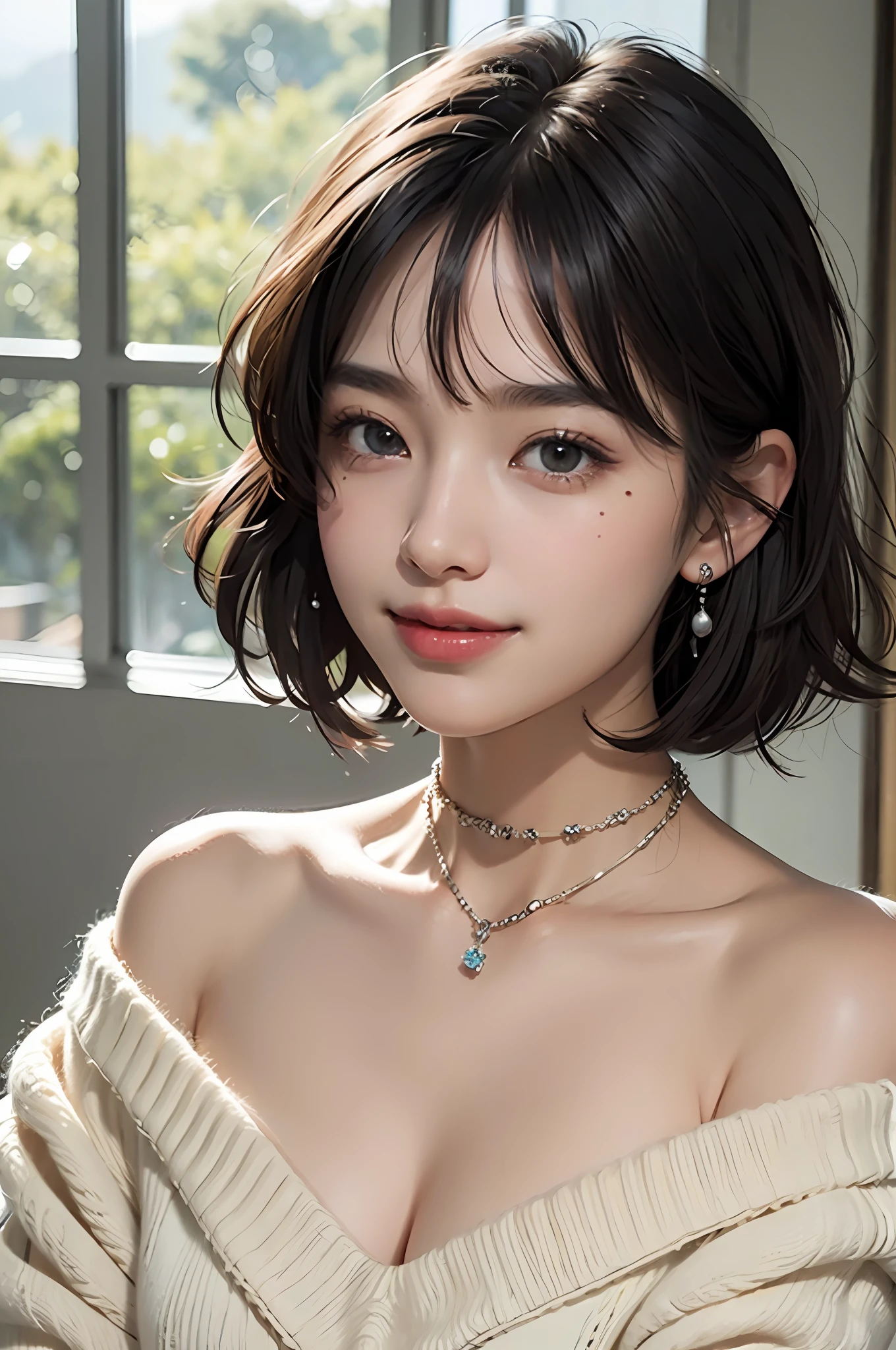 Top Quality, Masterpiece, Ultra High Resolution, Photorealistic, 1 Girl, Off Shoulder, Knit, Smile, Smile, Slightly Visible, oversized_sweater, Soft Lighting, Detailed Skin, Bangs, Black Hair, Clear Eyes, Short Bob Hair, Transparency, Japan, Korean, Beautiful Woman, Upper Eyes, Lip Gloss, Black Thick Choker, Teardrops, Mole on the Chest, Highlights in the eyes