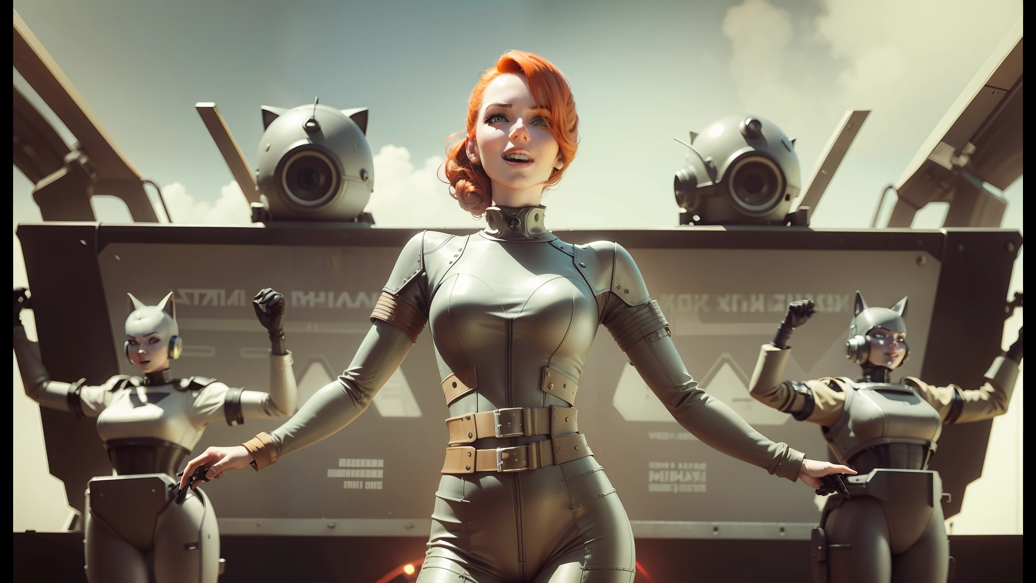 there is a woman in a cat suit standing in front of a group of robots, cheerful atmosphere, vfx film closeup, wearing atompunk jumpsuit, steam trains, сinematic lighting, redhead woman, excited russians, compositing, caravan, radiation --ar 16:9 --auto --s2