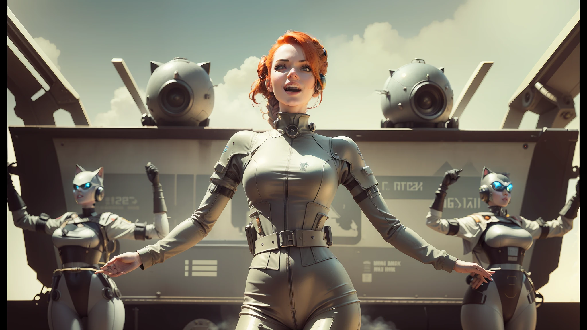 there is a woman in a cat suit standing in front of a group of robots, cheerful atmosphere, vfx film closeup, wearing atompunk jumpsuit, steam trains, сinematic lighting, redhead woman, excited russians, compositing, caravan, radiation --ar 16:9 --auto --s2