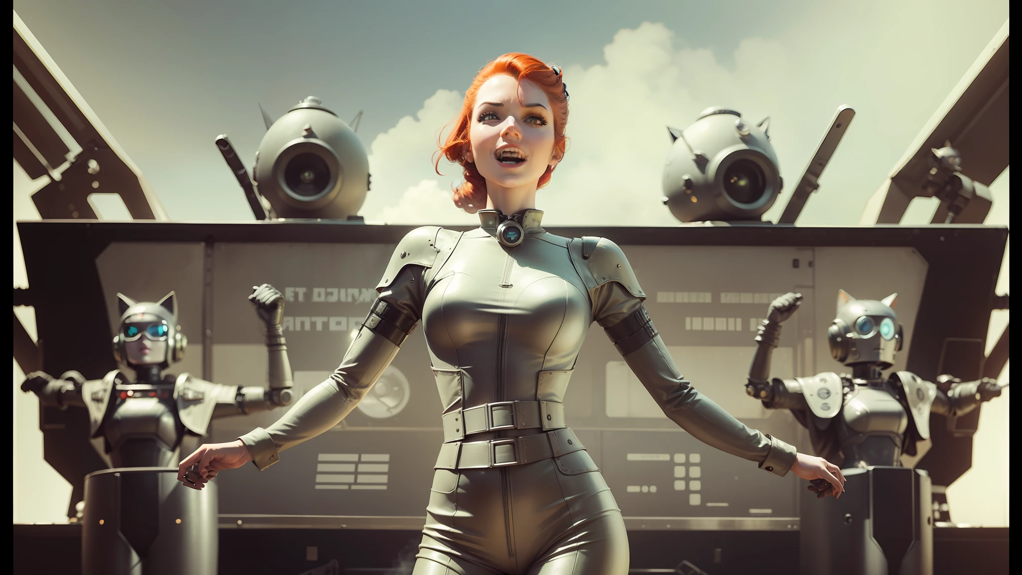 there is a woman in a cat suit standing in front of a group of robots, cheerful atmosphere, vfx film closeup, wearing atompunk jumpsuit, steam trains, сinematic lighting, redhead woman, excited russians, compositing, caravan, radiation --ar 16:9 --auto --s2