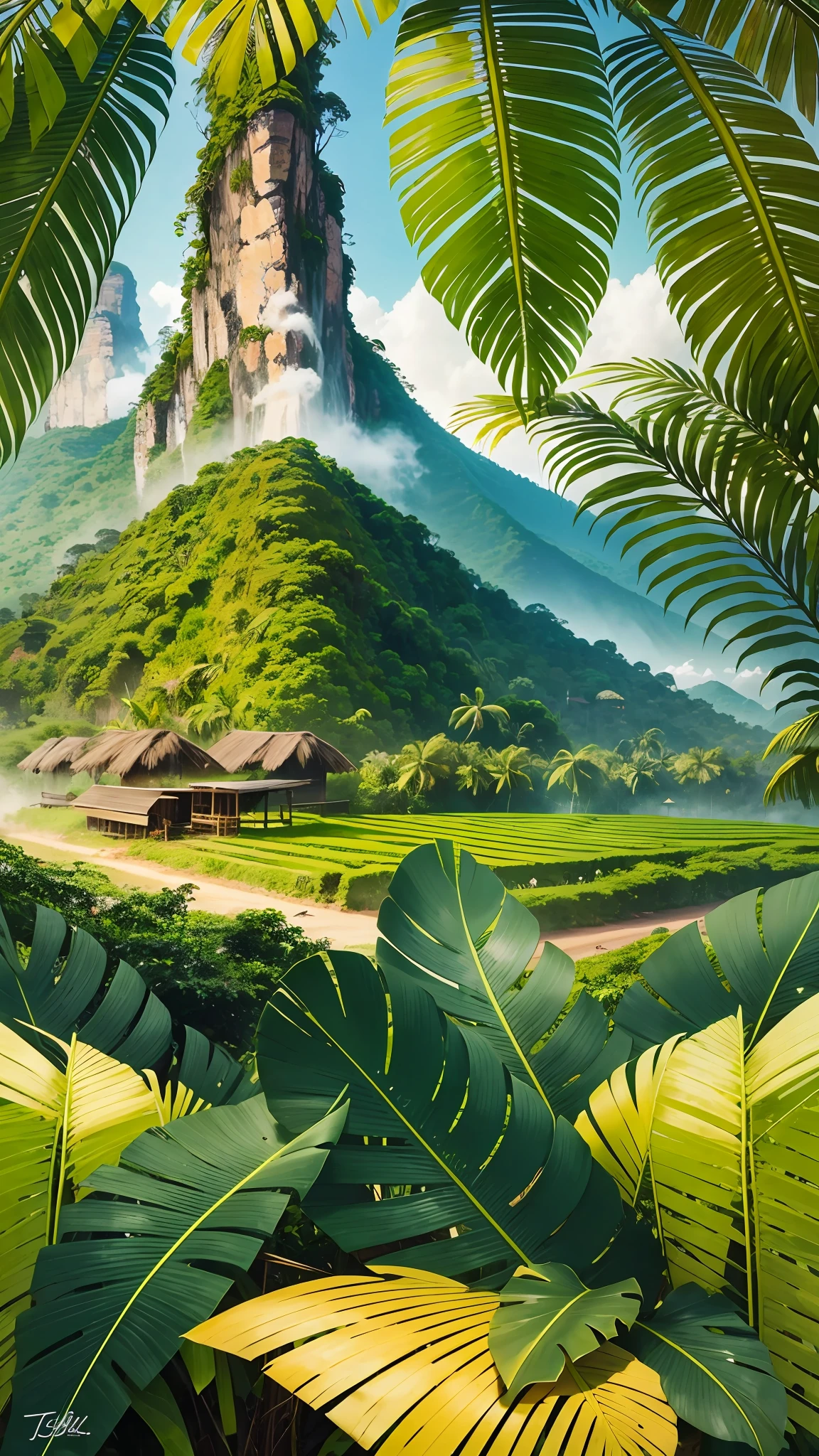 “Create a captivating image in a vibrant and dynamic style that represents the essence of Jamaica. In the center of the image, depict a lush tropical forest with towering trees, alongside fields of swaying sugar cane. Use a rich color palette, incorporating deep greens for the forest and vibrant shades of green for the sugar cane, capturing the diverse and abundant nature of the Jamaican landscape. To enhance the depiction of the sugar cane fields, include workers tending to the crops, showcasing the agricultural significance of sugar cane in Jamaica’s history and economy. Emphasize the tall stalks and vibrant green color of the sugar cane, bringing them to life in the composition. Integrate the lively and colorful birdlife found in Jamaican forests. Illustrate native birds such as the Jamaican Tody or the Red-billed Streamertail, known as the national bird of Jamaica. These birds, with their vibrant plumage and unique characteristics, add an element of beauty and enchantment to the image. In the background, capture the majestic Blue Mountains, their misty peaks rising in the distance. These mountains are not only a stunning natural feature of Jamaica but also contribute to the ideal conditions for growing coffee. Incorporate subtle elements that represent the coffee industry, such as coffee plants or a small coffee bean illustration. To add a touch of Jamaican culture, include individuals engaging in activities that reflect the island’s spirit, such as playing reggae music, dancing, or enjoying the vibrant local cuisine. Ensure that the composition portrays depth and movement, with birds soaring through the air, leaves rustling in the wind, and the warm glow of sunlight filtering through the forest canopy. This will create a sense of energy and immersion in the --auto --s2