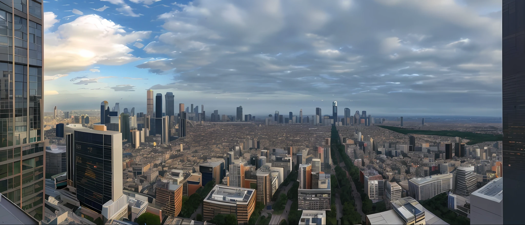araffe view of a city with a lot of buildings and a lot of trees, 8 k. filling of the view, 8 k. filling most of the view, panorama view, panoramic view, entire city in view, wide angle shot 4 k hdr, ultra wide angle view, panorama distant view, 8 k wide shot, ultra - wide view, ultrawide shot