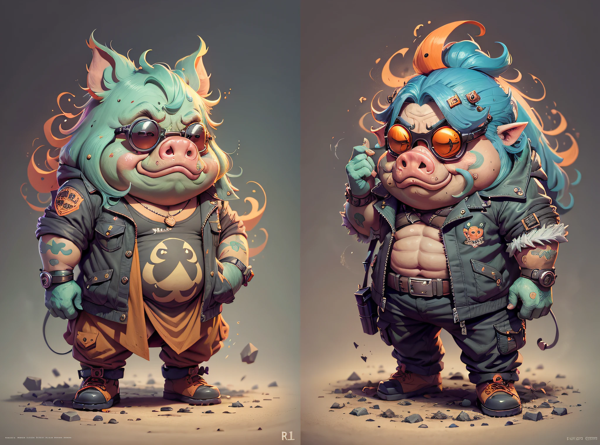 Tips: Three views, full body shots, game character design, gluttonous pig bajie, dark series, sunglasses, orange background,-- AR 16:12 - stylistic expression
