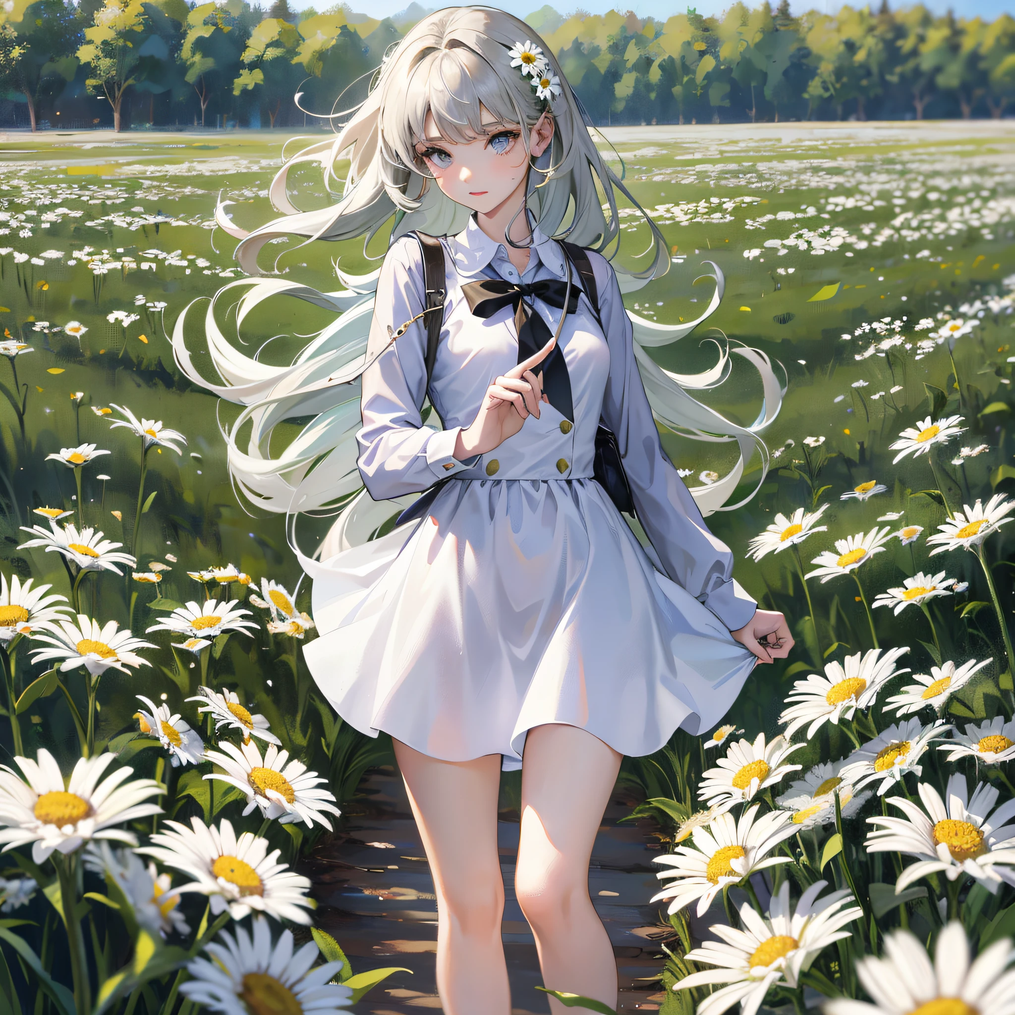 Beautiful girl, wearing a short skirt, in the middle of a field of white daisies --auto --s2