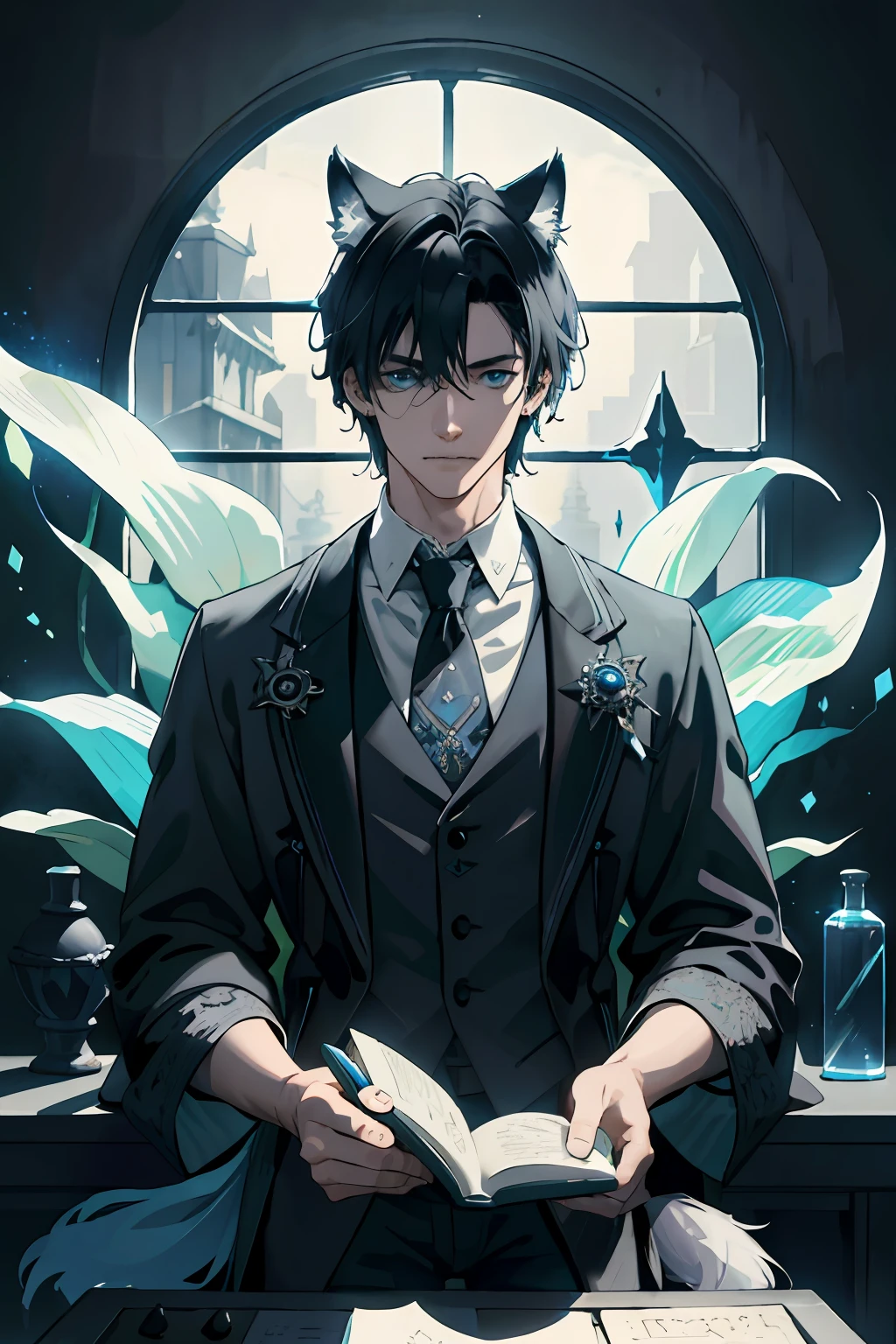 ((Masterpiece)), Best Quality, ((1 man)), ((solo)), adult, tall, muscular, handsome, inflated abs, ((black blue hair, blue eyes)), medium hair length, hands in pockets, bangs to the eyes, tousled hair, cold look, (fair skin), bruises under the eyes, wolf ears, ((wolf fluffy tail)), sharp fangs, deep neckline on the chest, ((finely detailed eyes: 1.3)), ear piercings, (intricate details), wizard, spell book with a variety of spells, potion bottles with various ingredients, (details on clothes:1.2), HD, 8K, ancient magic laboratory, detailed background, ((silver jewelry)), dark room, ((pale colors)), full-length, white lily flowers, stroke drawing, ((solo)), stone walls, many books, potions, alchemical bottles, ((pastel colors, soft transition of shades)), delicate tones, sitting on the windowsill, ((black elegant clothes: 1.3)), ((perfect fingers)), silver rings, (((perfect anatomy))), Ray Tracing, NVIDIA RTX, Super-Resolution, Unreal 5, Subsurface Scattering, PBR Texturing, Post-Processing, Anisotropic Filtering, Depth-of-Field ,Maximum Clarity And Sharpness, Multi-Layered Textures, Albedo And Specular Maps, Surface Shading, Accurate Simulation Of Light-Material Interaction, Octane Render, Two-Tone Lighting, Low ISO, White Balance, Rule Of Thirds, Wide Aperture, 8K RAW, Efficient Sub-Pixel, Sub-Pixel Convolution, (Luminescent Particles:1.4), {{Masterpiece, Best Quality, Extremely Detailed CG, Unity 8k Wallpaper, 3D, Cinematic Lighting, Lens Flare}},