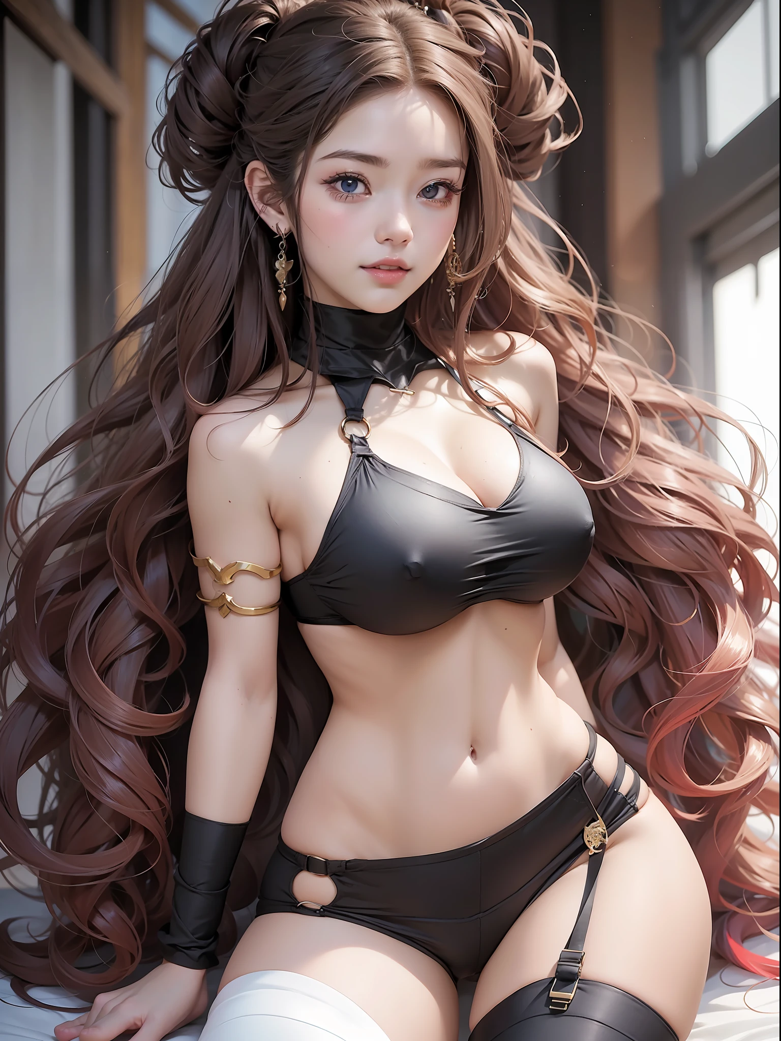 anime girl with absolutely beautiful long hair, sexy bikini, anime moe artstyle, cute anime girl, cute anime girl portrait, pretty anime girl, portrait of cute anime girl, kawaii realistic portrait, anime visual of a cute girl, cute anime girl portraits, portrait anime girl, anime style portrait, beautiful anime girl, full body, smile, (huge boobs:1.2), navel, thin waist, (big hip), Thighs
