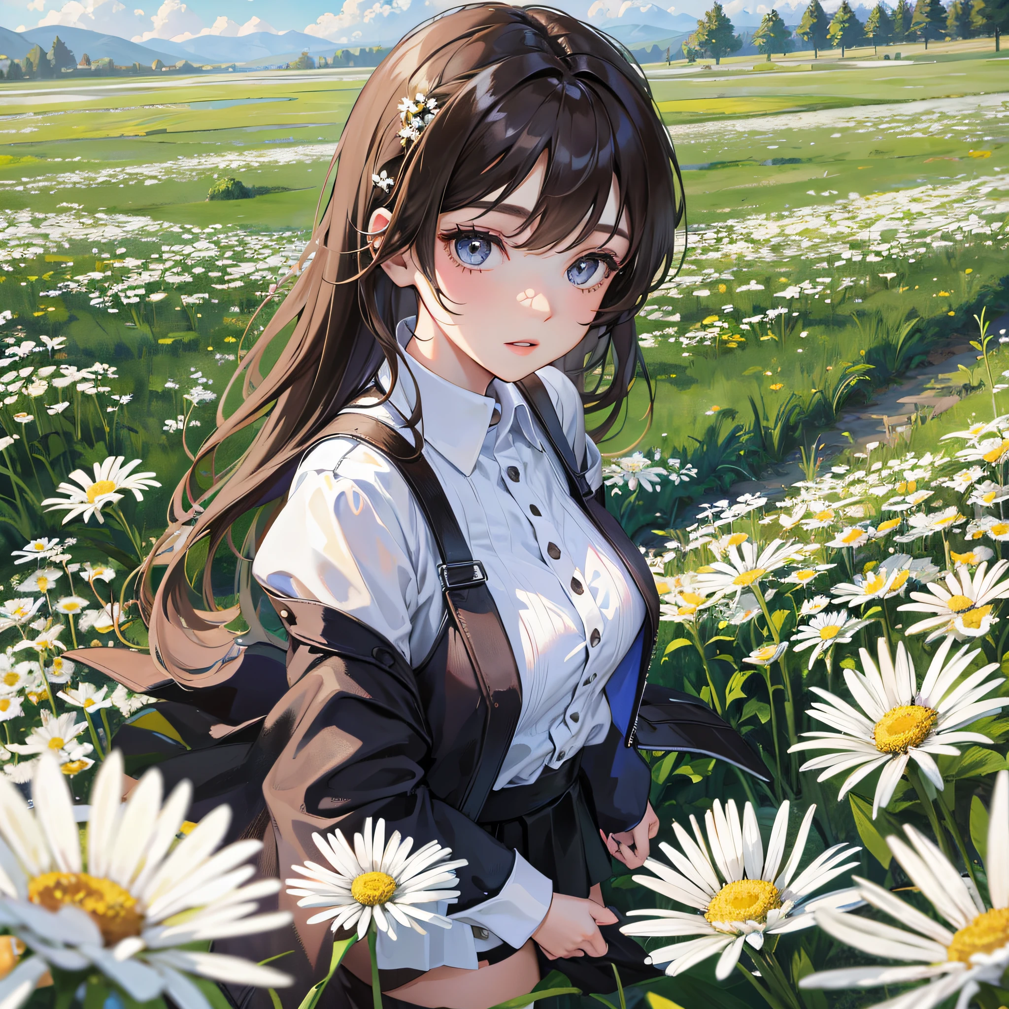 Beautiful girl, wearing a short skirt, in the middle of a field of white daisies --auto --s2