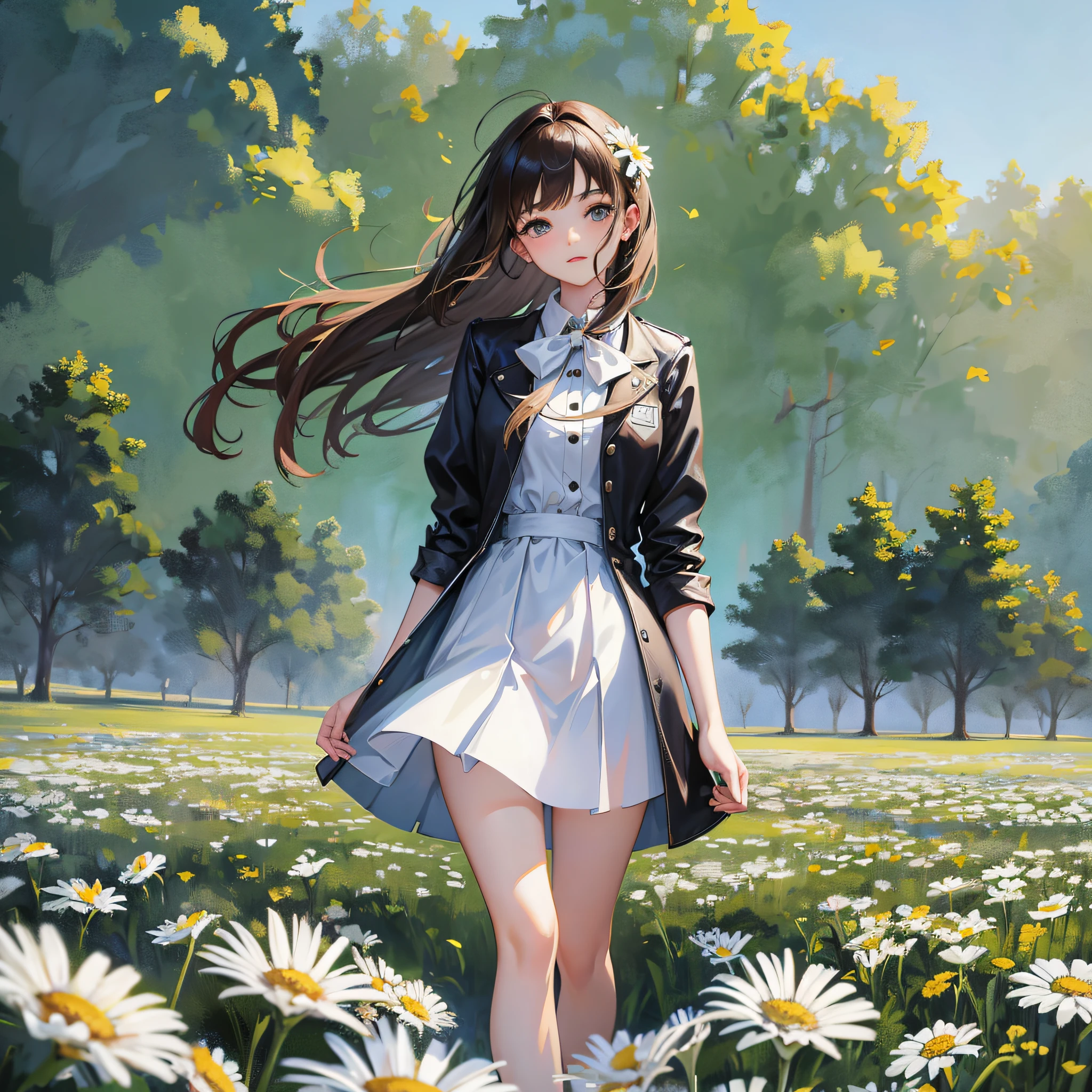 Beautiful girl, wearing a short skirt, in the middle of a field of white daisies --auto --s2