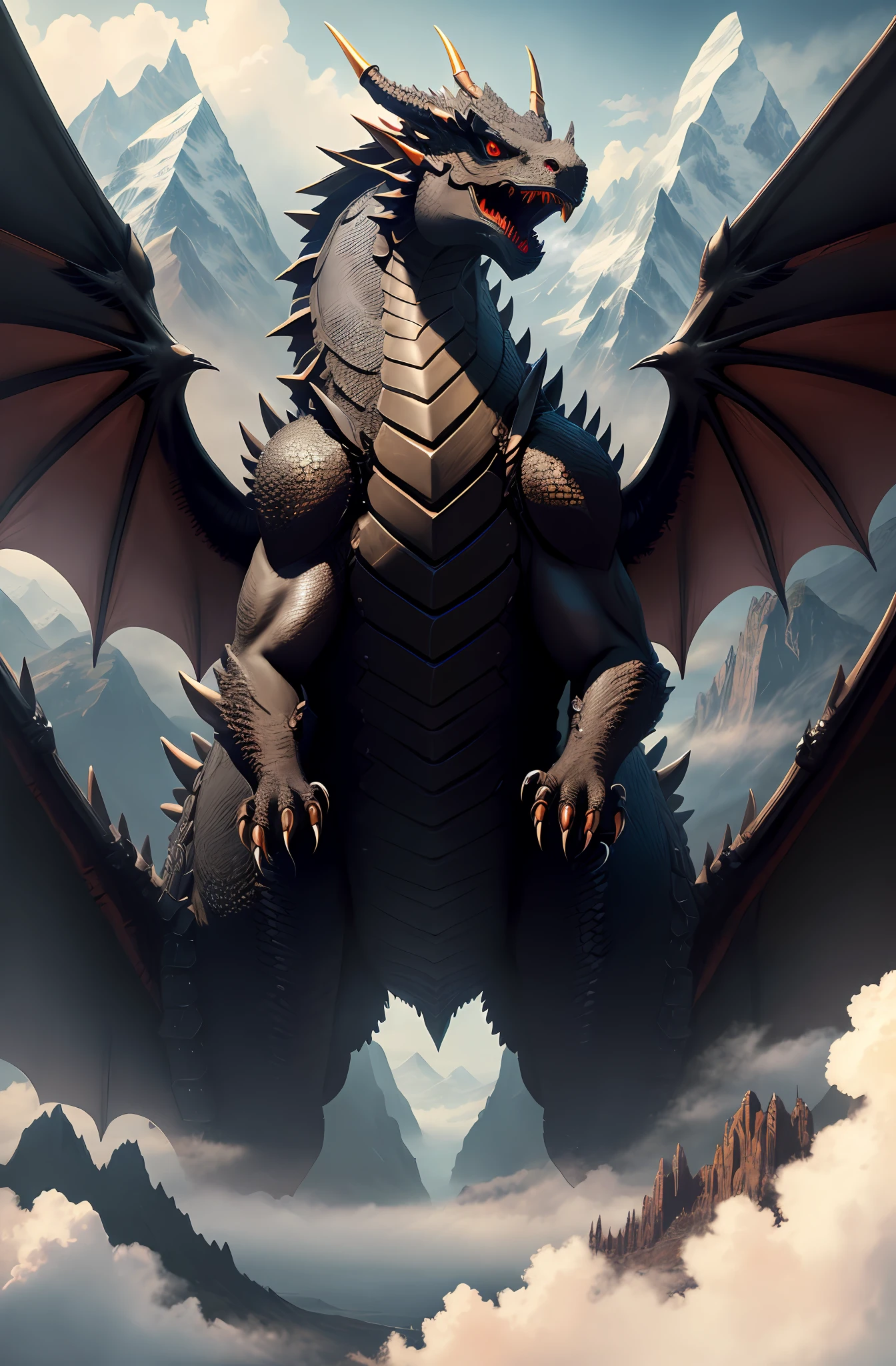 (16k, masterpiece, best quality), ultra-detailed, high quality, high resolution, black dragon, fog, darkness, mountain, detailed scale, detailed claws, open wing, dragon breath, outdoor, sky, close view