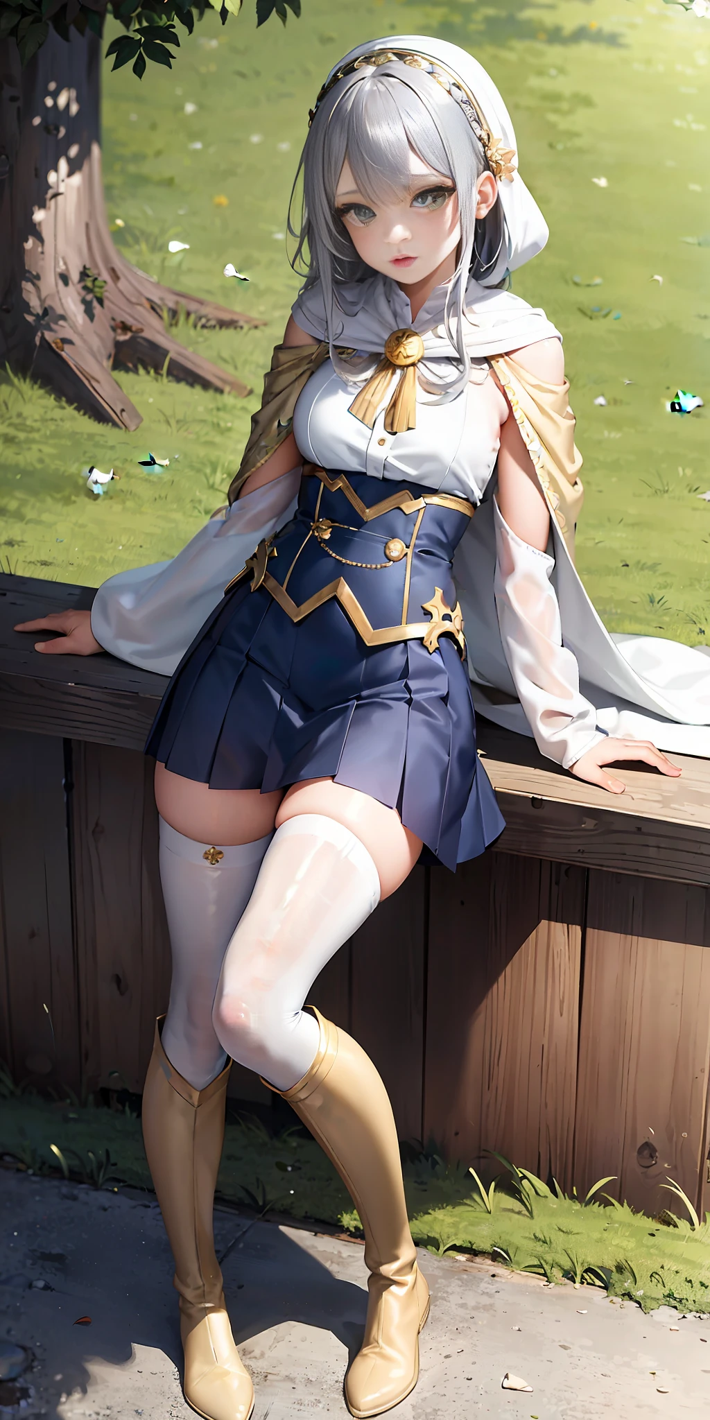 (Masterpiece, best quality: 1.2), (Ultra detailed), (Illustration), 1girl, girl, silver hair, draped behind the head, pale gold pupils, red shawl, goose yellow adventurer suit, dark blue pleated skirt, pure white stockings, green boots