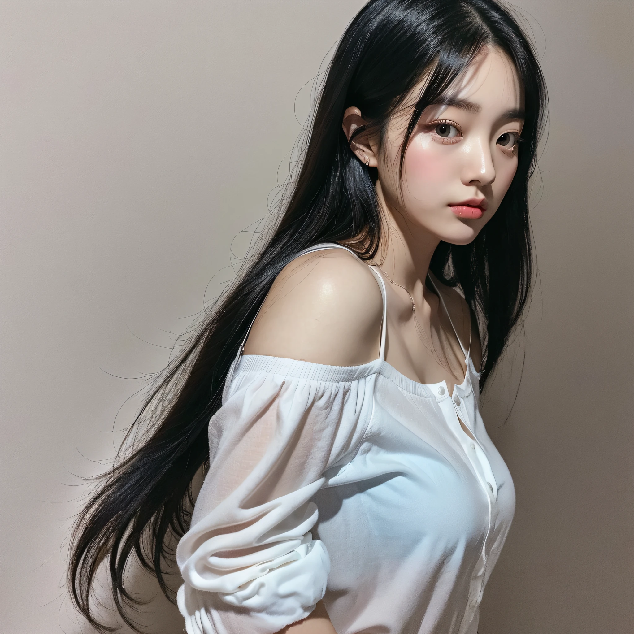 She is a Korean woman in her 20s with shoulder-length black hair, a round face, and a realistic appearance like a photograph. She is wearing a white shirt. --auto --s2