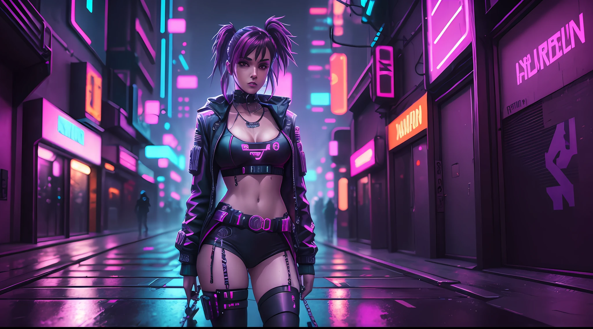 A cyberpunk-style lofi girl, image from the waist up, detailed and well-executed cyberpunk city in the background, dark and contrasting environment, vibrant neon lights illuminating the street, reflections on the wet floor, cyberpunk-inspired clothing in dark tone. --auto --s2