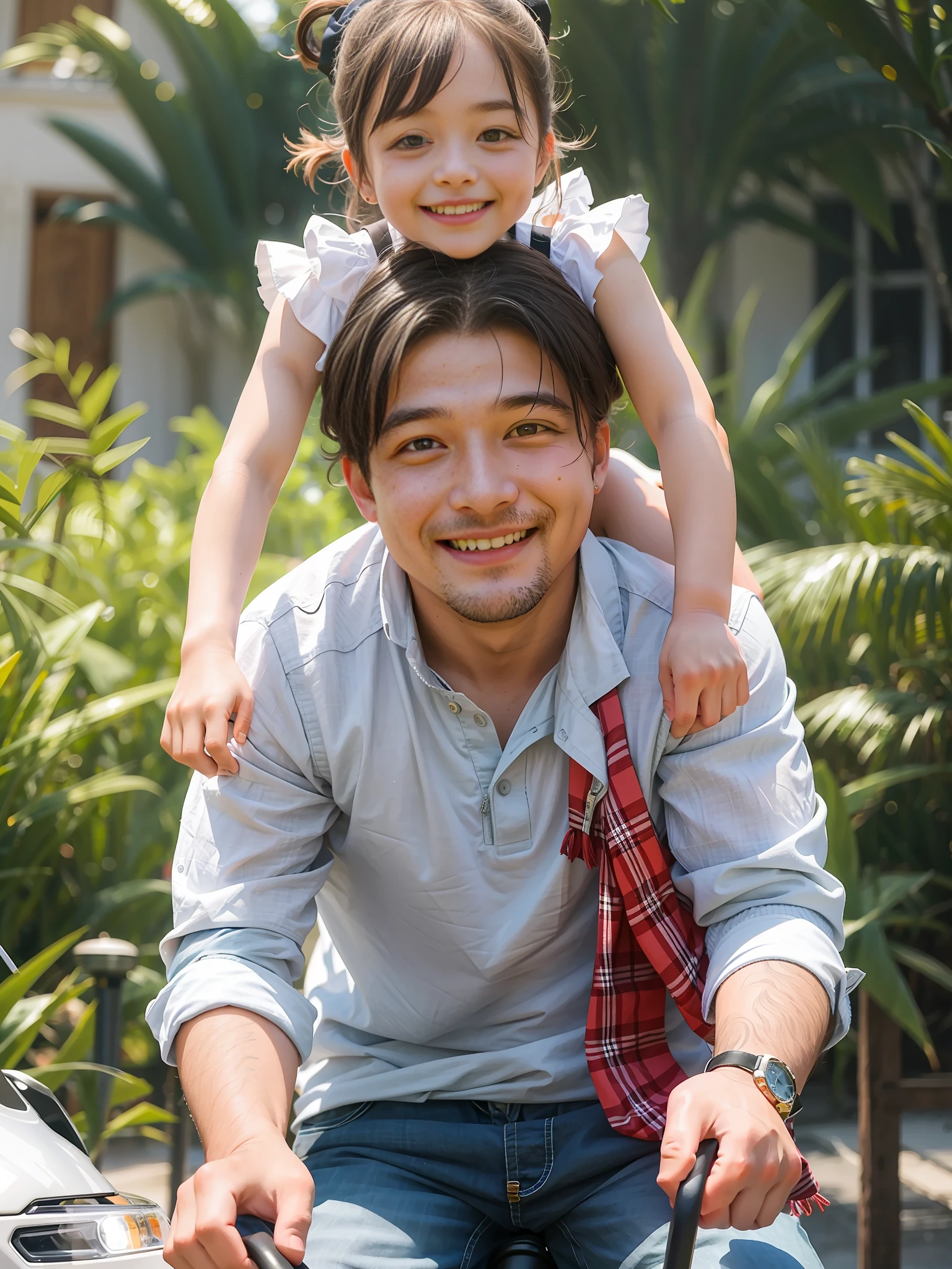 on father's day,the girl is riding on her father's shoulders,smiling happily with big eyes