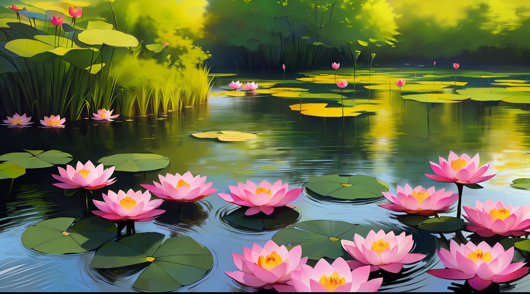 Painting of a pond with pink water lilies and green trees - SeaArt AI
