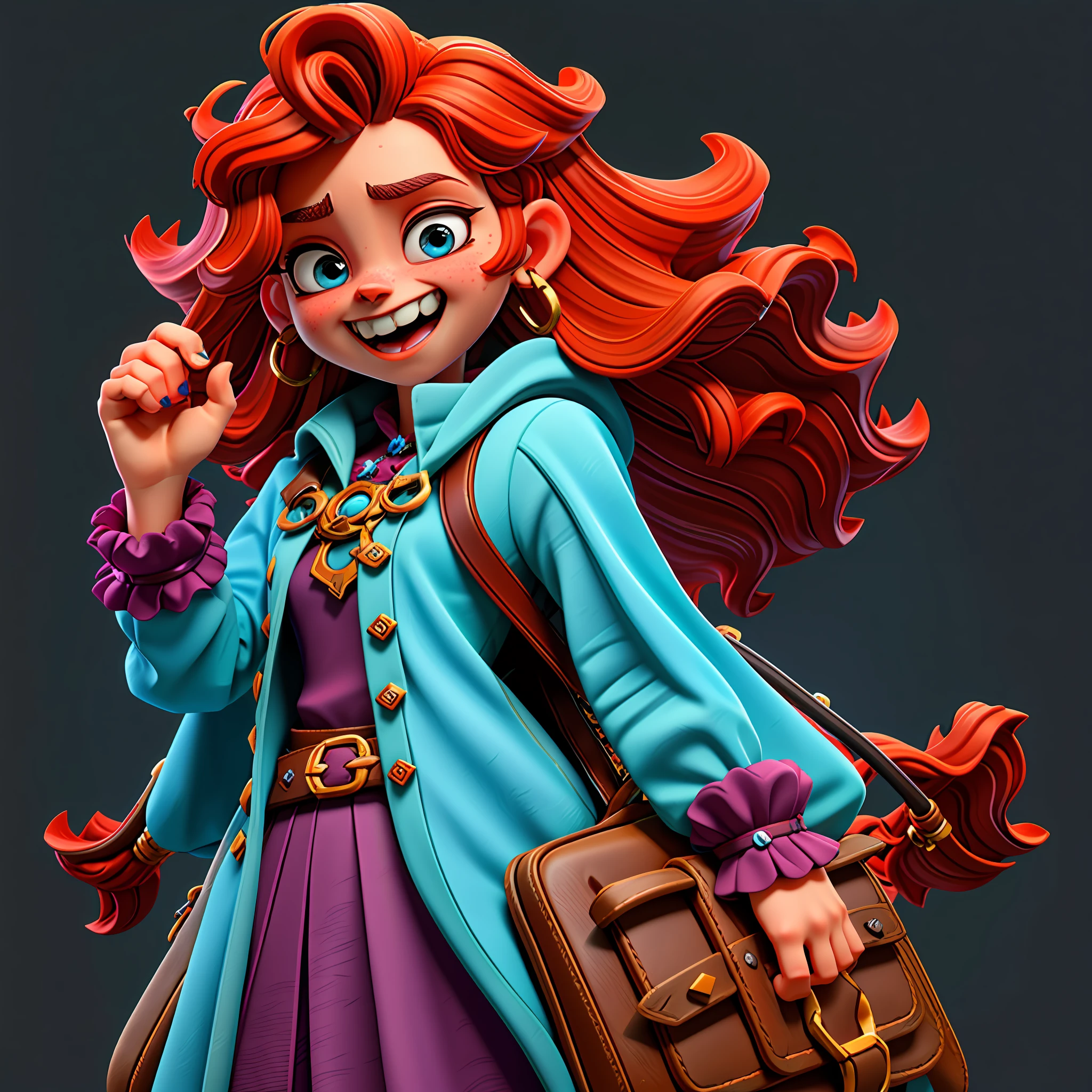 Teen girl with curly and red hair,Detailed eye bright and perfect blue,Gothic outfit,Using a witch's tea,With a backpack with a yorkshire breed dog inside backpack,smiling,Ultra quality,Mega resolution,Super perfect,HD,4K,8K