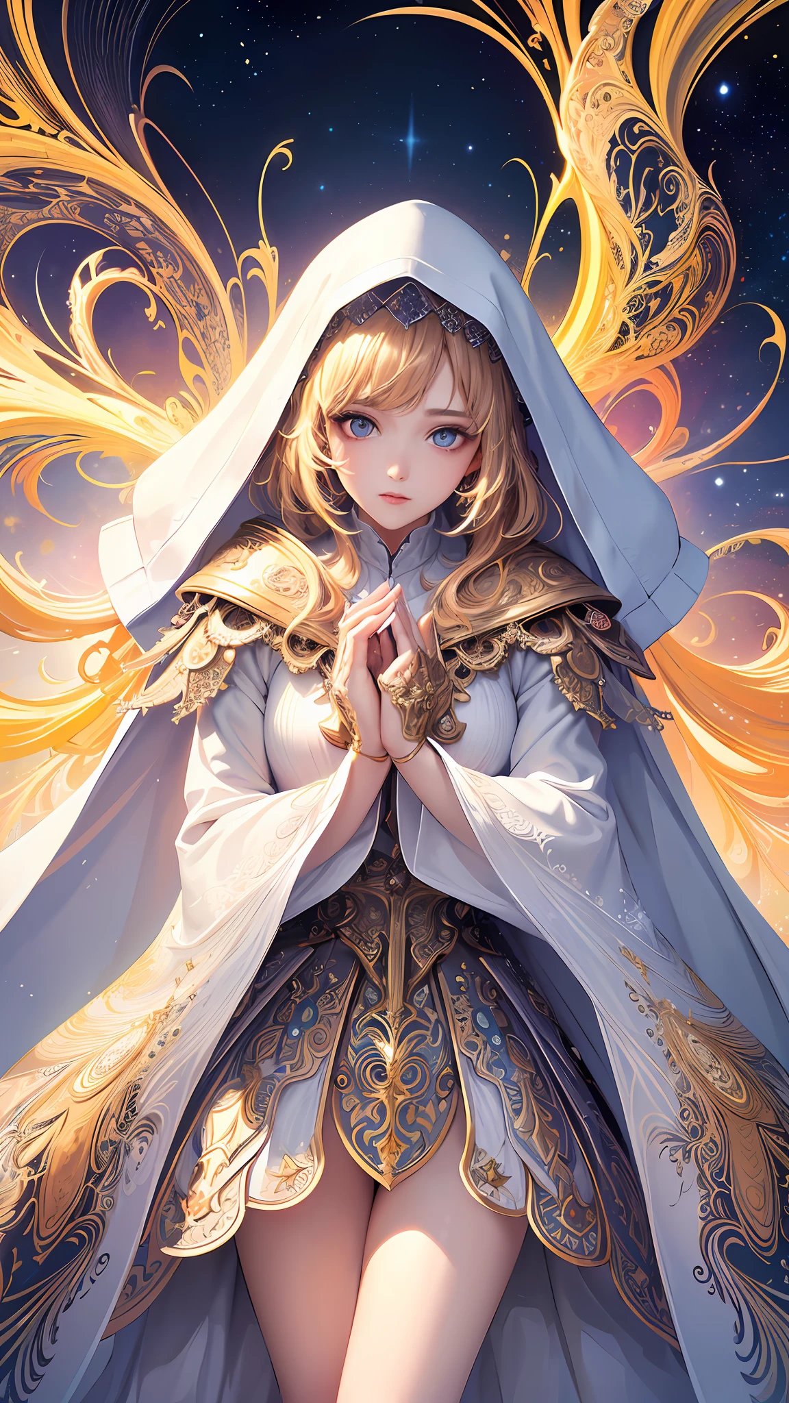 (masterpiece, top quality, best quality, official art, beautiful and aesthetic:1.2), (1girl), extreme detailed, (fractal art:1.3), colorful, highest detailed, perfect face, upper body, HDR, (praying:1.3), (white cloak golden lines:1.2), galaxy, (light streaks), striking visuals, (dynamic streaks, luminous trails:1.2), vibrant colors,