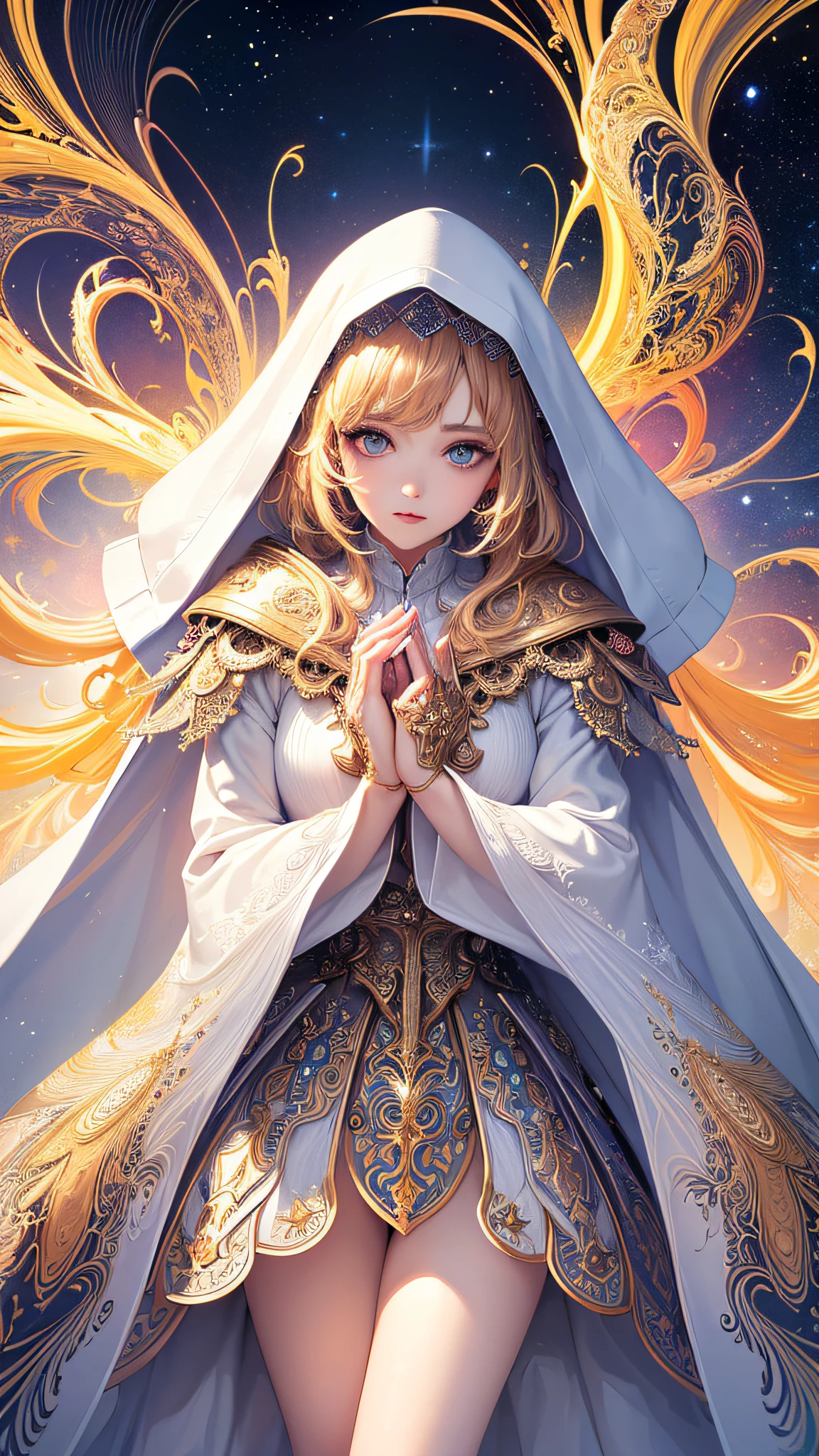 (masterpiece, top quality, best quality, official art, beautiful and aesthetic:1.2), (1girl), extreme detailed, (fractal art:1.3), colorful, highest detailed, perfect face, upper body, HDR, (praying:1.3), (white cloak golden lines:1.2), galaxy, (light streaks), striking visuals, (dynamic streaks, luminous trails:1.2), vibrant colors,