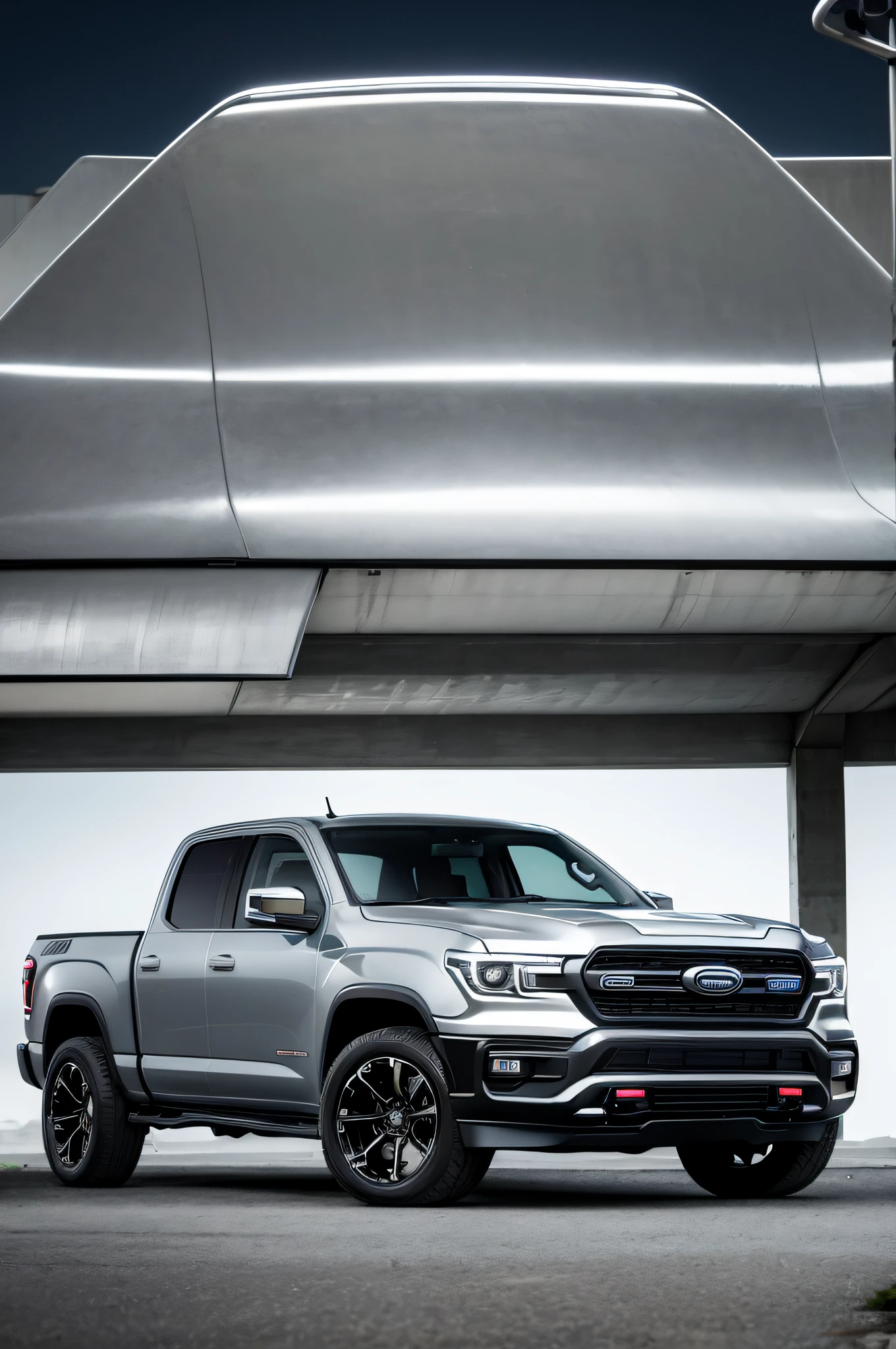Pickup truck sports alloy wheels, in a Cyber punk city, at night, with people admiring its passage.