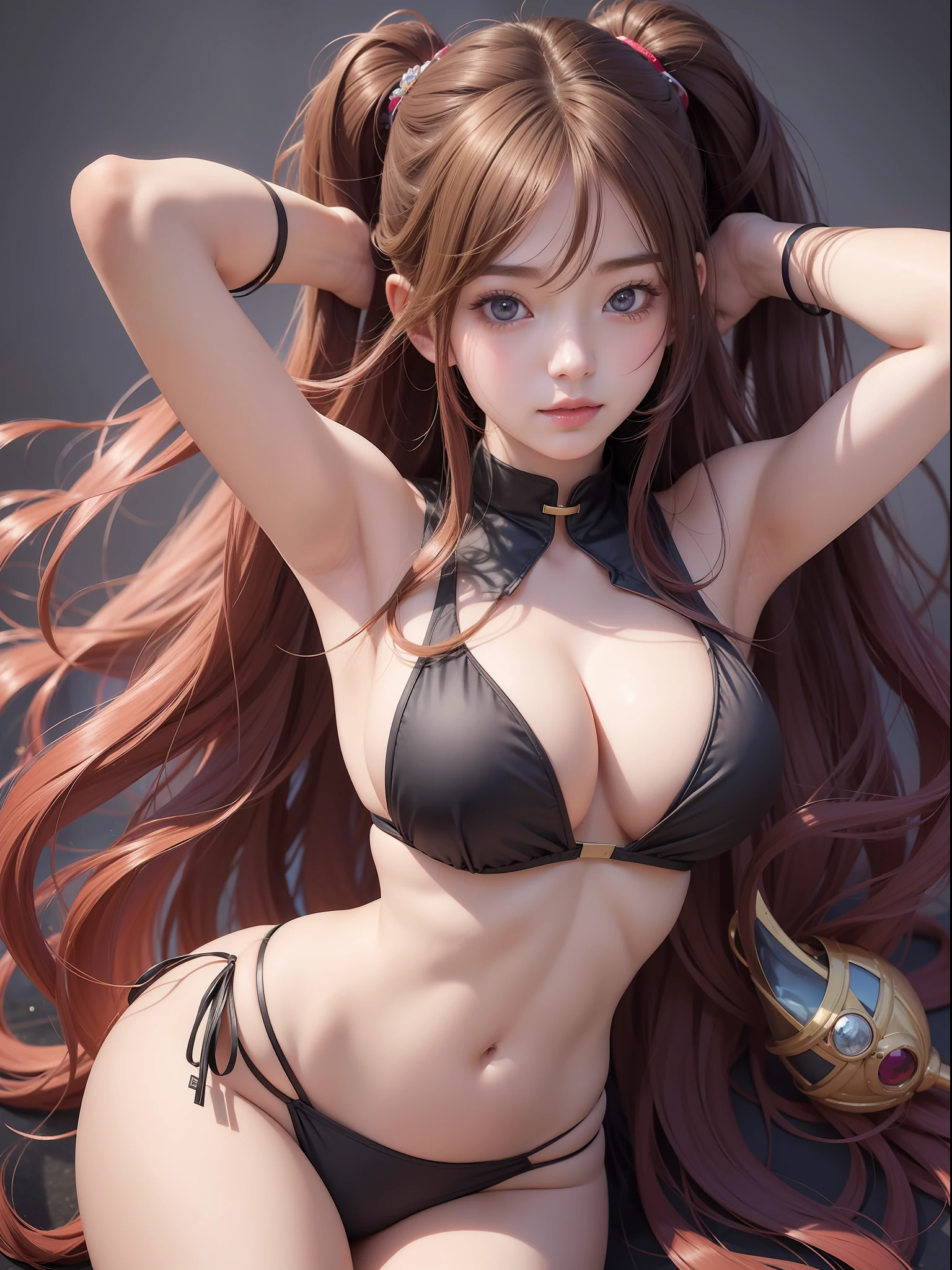 anime girl with absolutely beautiful long hair, sexy bikini, anime moe artstyle, cute anime girl, cute anime girl portrait, pretty anime girl, portrait of cute anime girl, kawaii realistic portrait, anime visual of a cute girl, cute anime girl portraits, portrait anime girl, anime style portrait, beautiful anime girl, full body, smile, (huge boobs:1.2), navel, thin waist, (big hip), Thighs