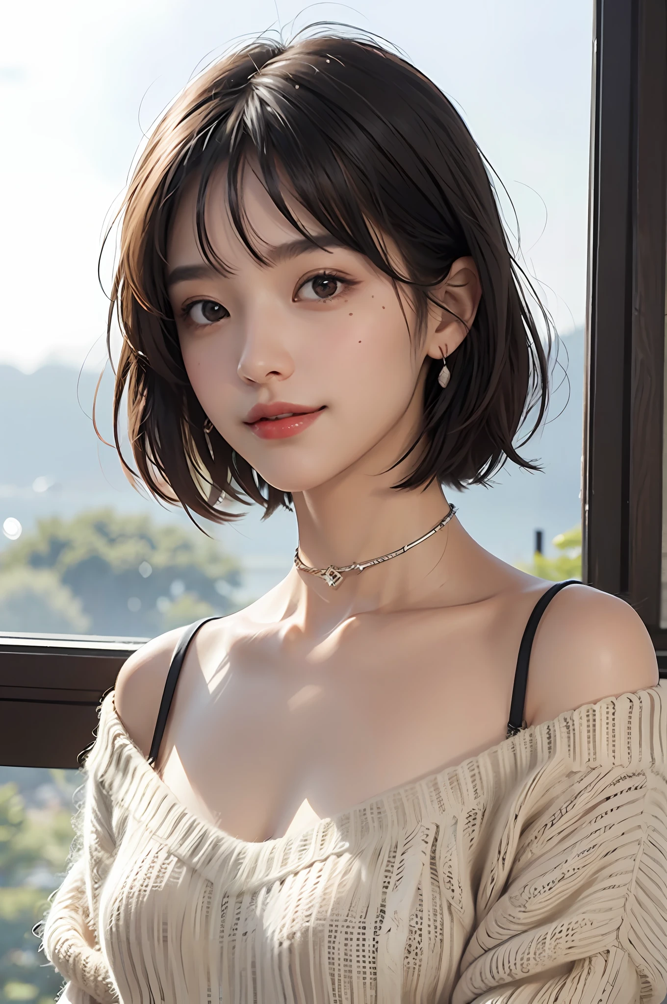 Top Quality, Masterpiece, Ultra High Resolution, Photorealistic, 1 Girl, Off Shoulder, Knit, Smile, Smile, Slightly Visible, oversized_sweater, Soft Lighting, Detailed Skin, Bangs, Black Hair, Clear Eyes, Short Bob Hair, Transparency, Japan, Korean, Beautiful Woman, Upper Eyes, Lip Gloss, Black Thick Choker, Teardrops, Mole on the Chest, Highlights in the eyes