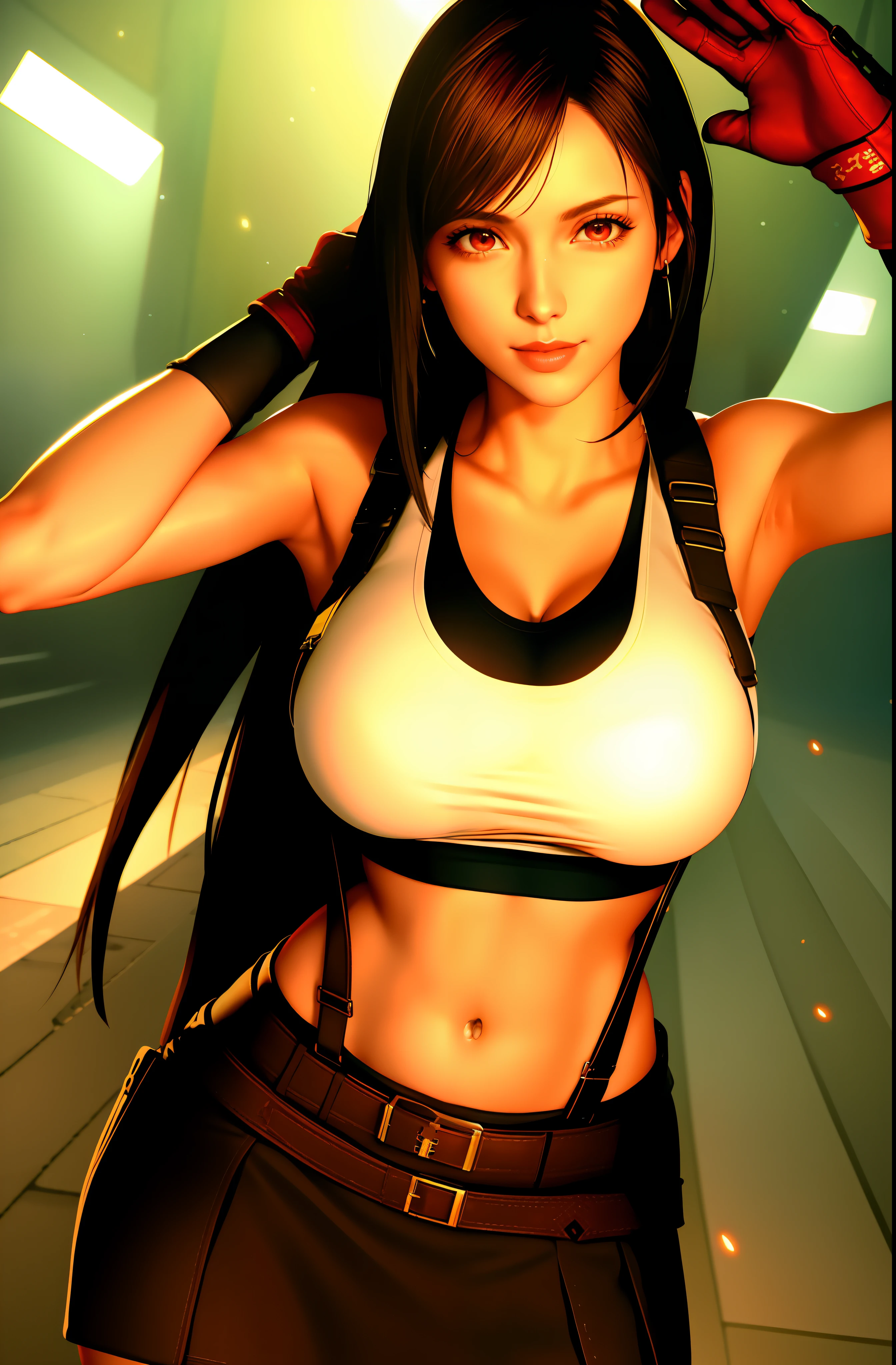 Women, wearing leggings and crop top hoodies, camel toe, thigh gaps, detailed eyes, snowy forest, mesmerizing, attractive and top quality masterpiece, detail, 8k, HDR, shallow depth of field, wide light, high contrast, backlight, bloom, light shine, chromatic aberration, smooth and sharp focus, ff7r style, Tifa Lockhart, one girl, thick lips, arm raised, Armpits, Artist Name, Belt, Black Hair, Breasts, Red Eyes, Cleavage, Mouth Closed, Clavicle, Cowboy Shot, Crop Top, Earrings, Elbow Gloves, Elbow Pads, Gloves, Jewelry, Big, Lips, Long Hair, Long Hair, Low Knotted Long Hair, Navel, Navel, Indoors, Skirt, Smile, Solo, Belly, Suspenders, Tank Top, Upper Body, ((Masterpiece))