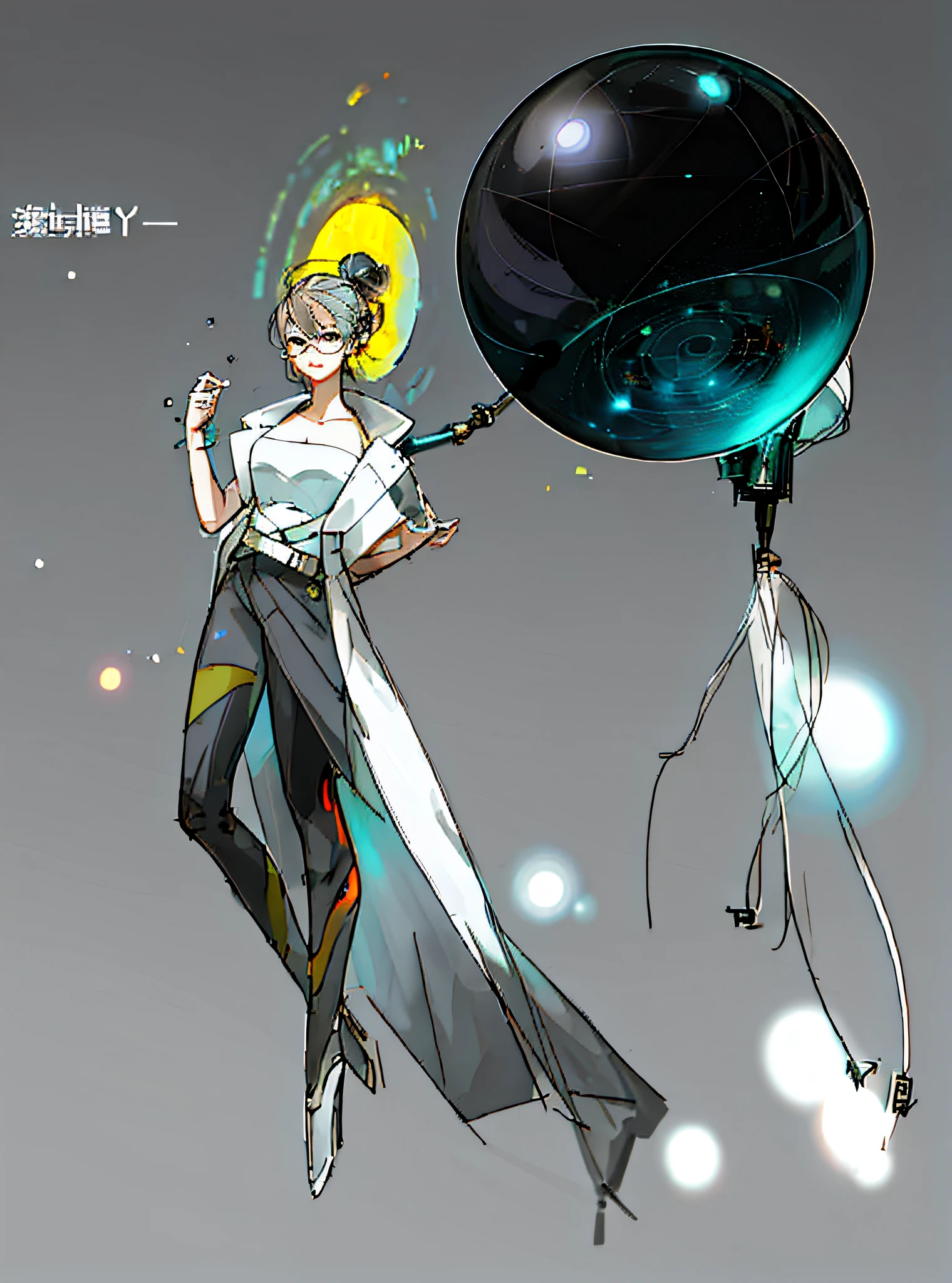 Scientist, cyberpunk, left hand mechanized, mechanical feet, character connected sphere, particle effect on right hand, (character original art), snapping fingers, mechanical sphere, (gray background), wearing glasses