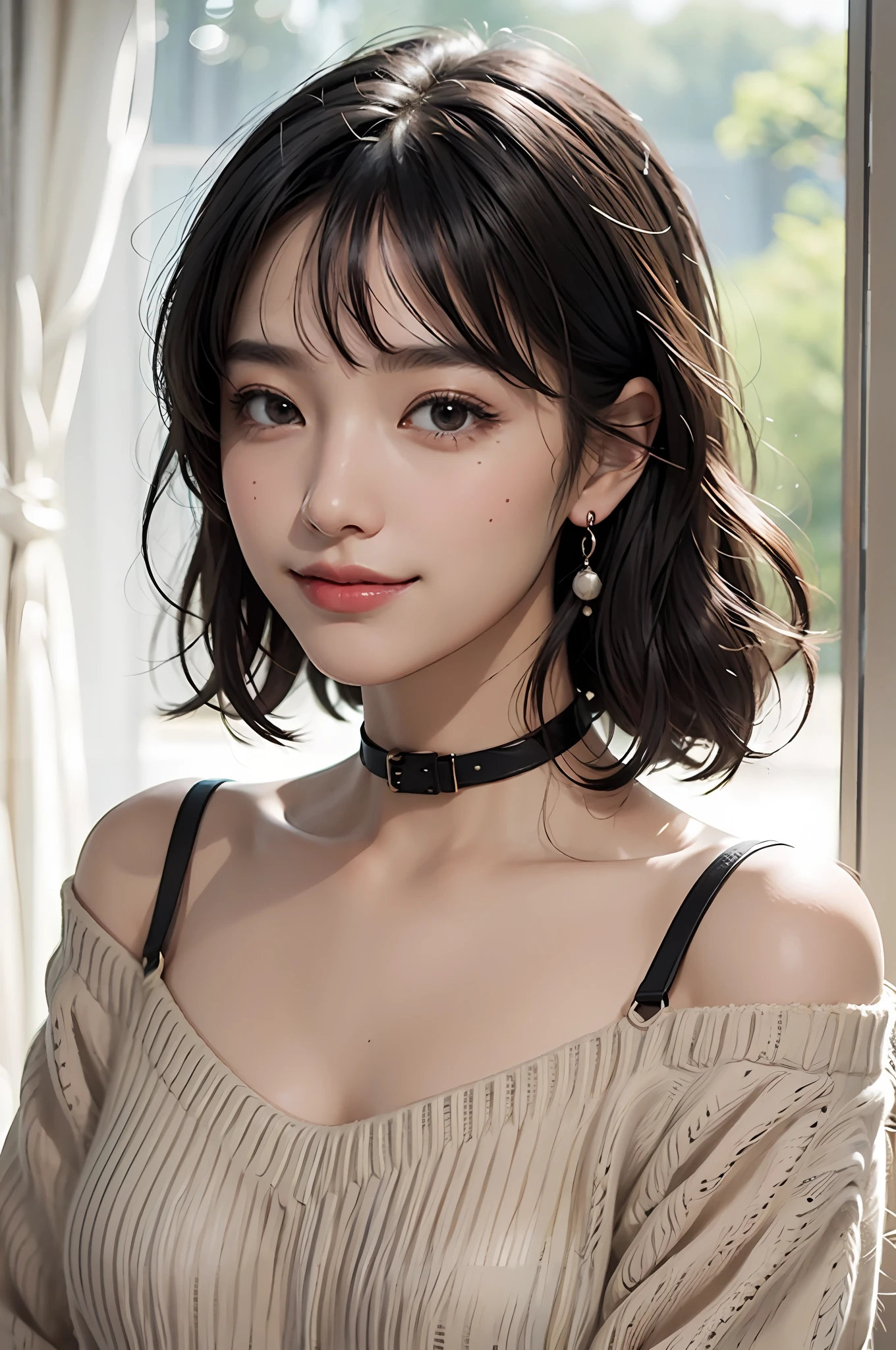 Top Quality, Masterpiece, Ultra High Resolution, Photorealistic, 1 Girl, Off Shoulder, Knit, Smile, Smile, Slightly Visible, oversized_sweater, Soft Lighting, Detailed Skin, Bangs, Black Hair, Clear Eyes, Short Bob Hair, Transparency, Japan, Korean, Beautiful Woman, Upper Eyes, Lip Gloss, Black Thick Choker, Teardrops, Mole on the Chest, Highlights in the eyes