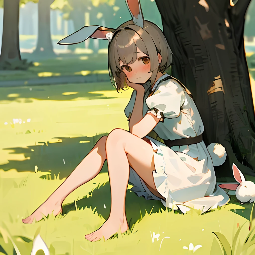 ((masterpiece, best quality)),1girl, solo, animal ears, rabbit, barefoot, skirt, sitting, rabbit ears, short sleeves, (teasing, shy, blushing: 1.3), looking at the audience, grass, short hair, gray hair, puff sleeves, outdoors, fluffy short sleeves, bangs, on the ground, full body, animal, white dress, sunlight, brown eyes, mottled sunlight, daytime,