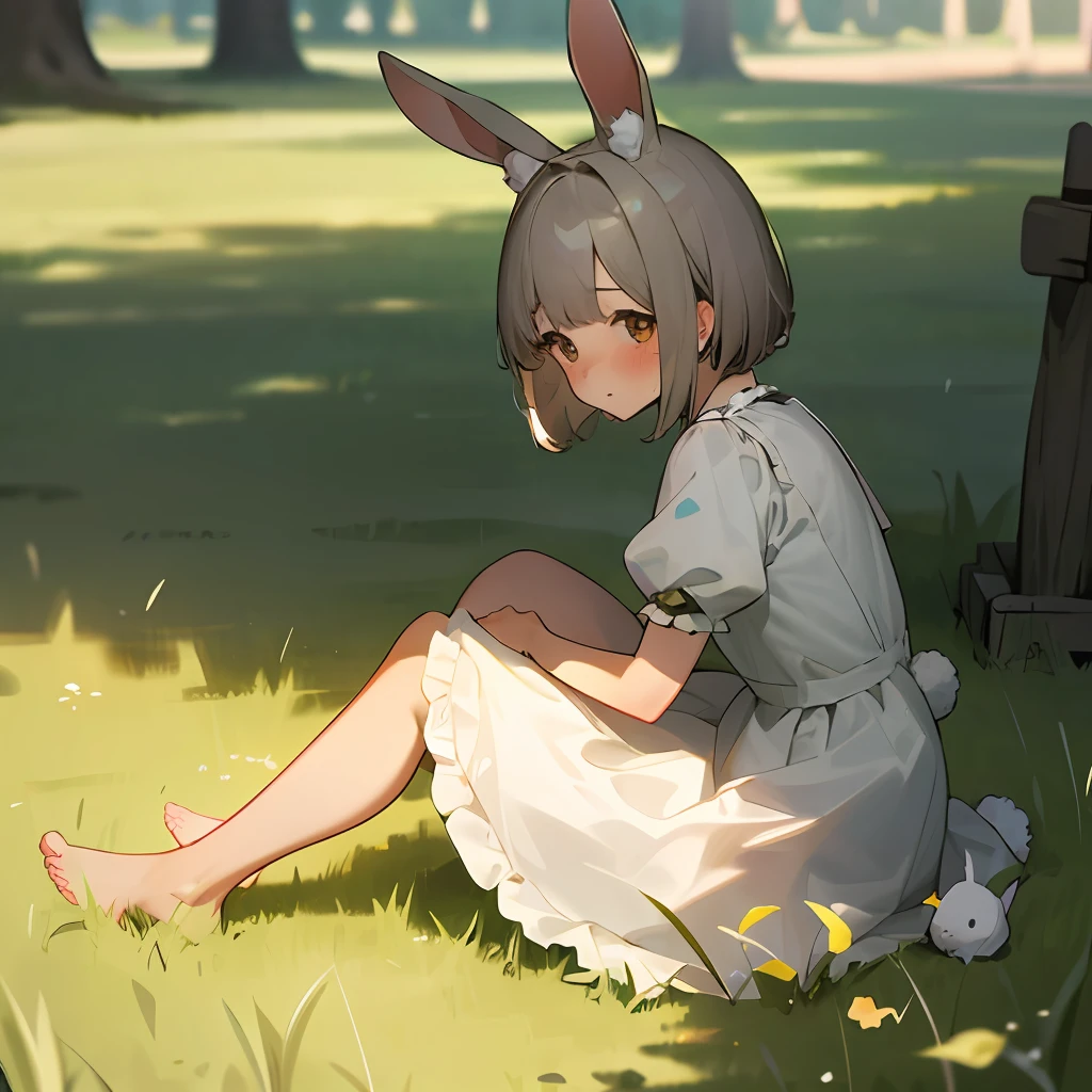 ((masterpiece, best quality)),1girl, solo, animal ears, rabbit, barefoot, skirt, sitting, rabbit ears, short sleeves, (teasing, shy, blushing: 1.3), looking at the audience, grass, short hair, gray hair, puff sleeves, outdoors, fluffy short sleeves, bangs, on the ground, full body, animal, white dress, sunlight, brown eyes, mottled sunlight, daytime,