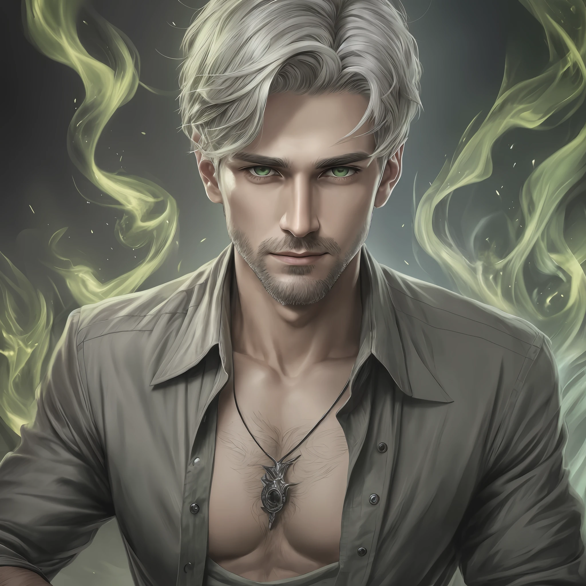 Drawing, portrait, realistic fantasy, high detail, clarity, 8kk, a guy of 26 years old, light gray hair, short haircut, hair sticking out on his head in different directions, piercing look, dark green eye, smirk, dressed in a light shirt, trousers, looking at the fire --auto --s2