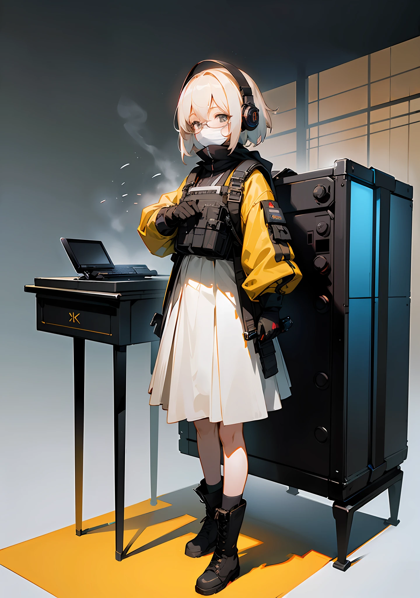 ((high quality)), ((masterpiece)), 8k, 2girls, bulletproof vest, light rays, extremely detailed CG unity 8k wallpaper, game cg, looking at viewer, gloves, boots, full body, watch, computer, mask, drone , headphones, jacket, backpack weapons , glasses