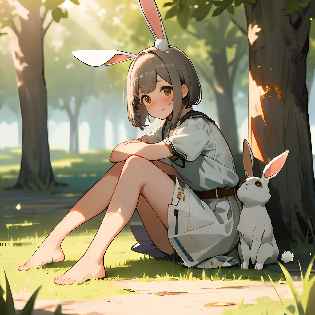 ((masterpiece, best quality)),1girl, solo, animal ears, rabbit, barefoot, skirt, sitting, rabbit ears, short sleeves, (teasing, shy, blushing: 1.3), looking at the audience, grass, short hair, gray hair, puff sleeves, outdoors, fluffy short sleeves, bangs, on the ground, full body, animal, white dress, sunlight, brown eyes, mottled sunlight, daytime,