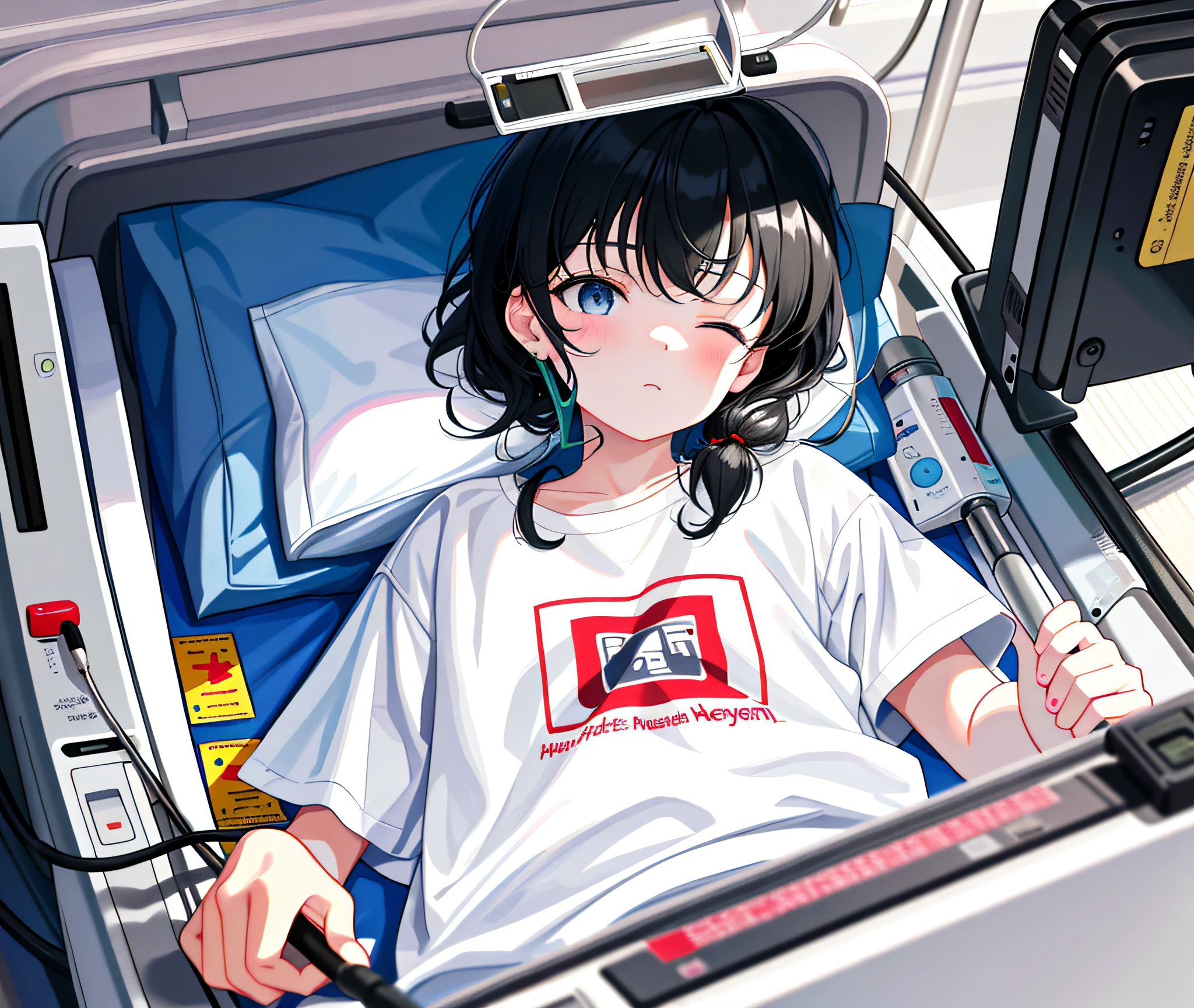 Masterpiece, (highest resolution, distinct_image), 1girl, 2 years old, child, cute, black hair, short hair, lying on hospital bed, hospital instrument, weak, eyes closed, seriously ill, white T-shirt, a person lying on a hospital bed with instruments plugged in, face with ventilator, terminal illness, details, leukemia