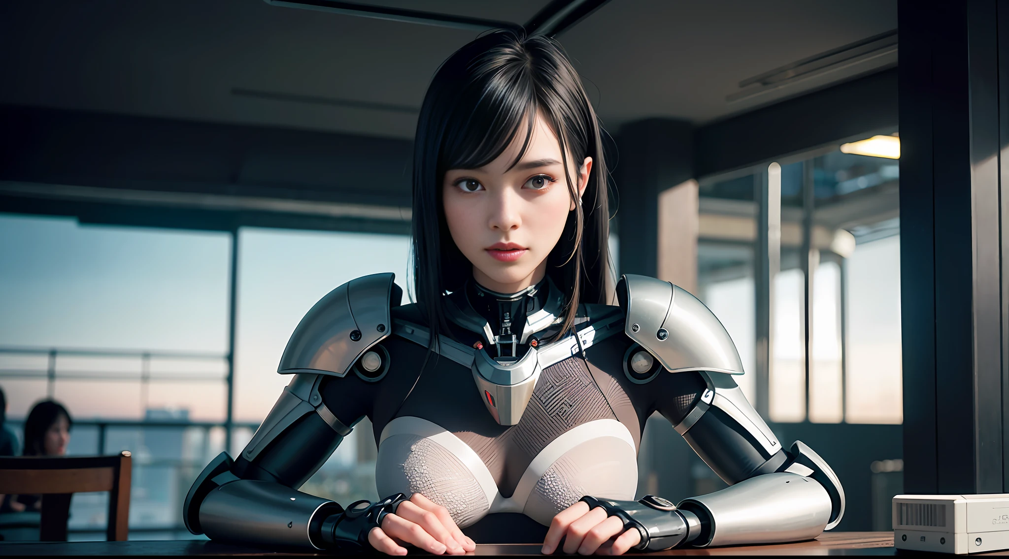 Photorealistic, woman in skimpy underwear (lace, full cyborg suit: 1.55) (Sit on the table: 1.5) (body turned towards viewer: 1.2), (head turned to the left: 1.8), (legs crossed: 1.4), black hair, cyborg, robot parts, beautiful detailed body and face, amorans, 2049, Japan girl , cute, juvenile, sexual, sigh, Inviting, Afrofuturistic, Made in Maya, Samyan, 2070, Cyborg, Robot Parts, Beautiful Studio Soft Lights, Rim Lights, Vivid Details, Gorgeous Cyberpunk, Lacing, Hyper-Realistic, Anatomical, Facial Muscles, Cable Electrical Wires, Microchip, Elegant, Beautiful Backgrounds, Octane Rendering, 8K, Top Quality, Masterpiece, Illustration Very delicate and beautiful, highly detailed CG, unity, wallpaper, (realistic, photorealistic: 1.37), amazing, fine details, masterpiece, top quality, official art, highly detailed CG Unity 8k wallpaper, absurd, incredibly absurd, robot, silver halmet, (full body: 1.4), standing, (nsfw: 1.2), sticking out ass, Beautiful line cyberpunk cityscape with big buttocks and thin constrictions, city with neon lights in the background, surprisingly detailed face,