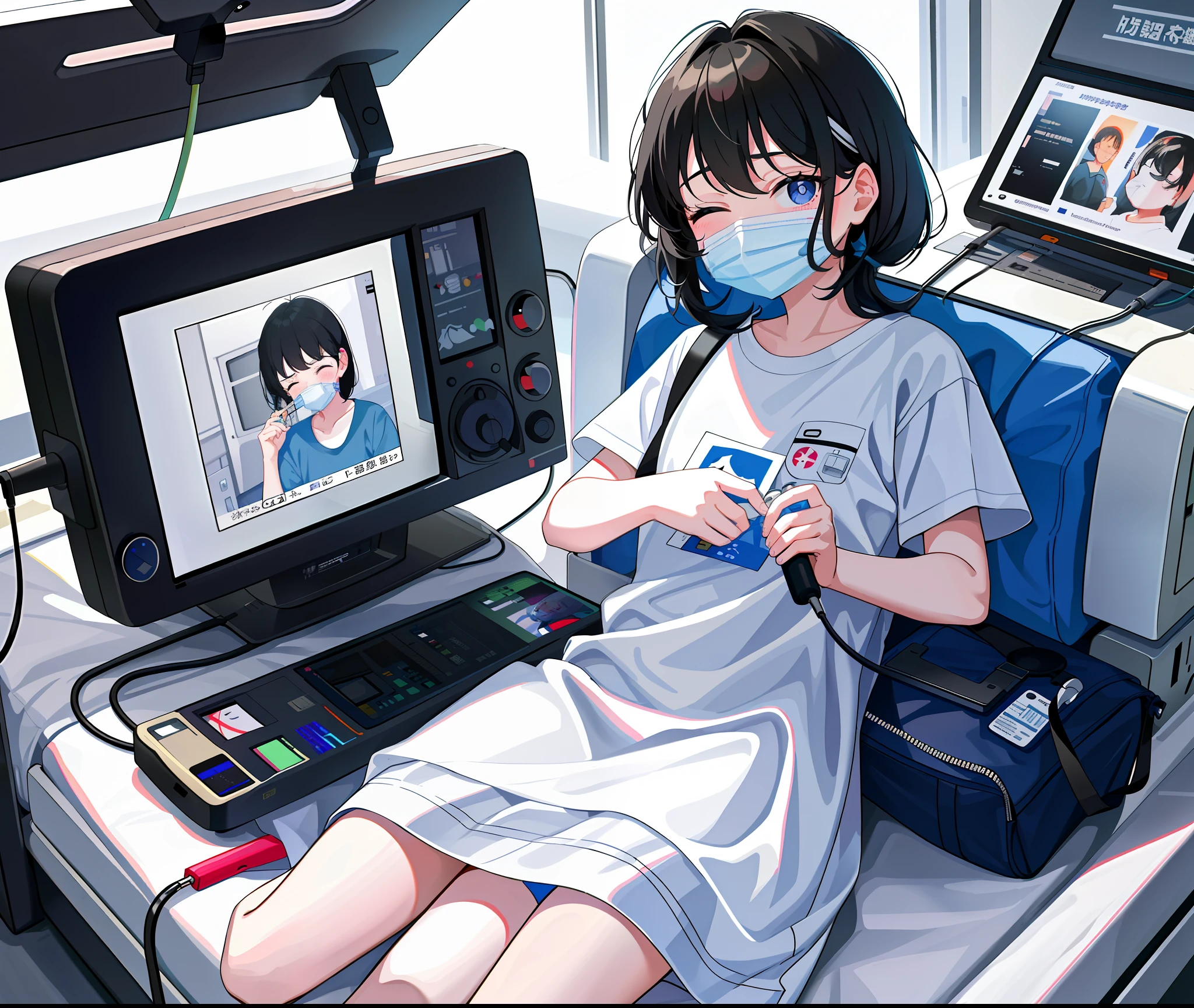 Masterpiece, (highest resolution, distinct_image), 1girl, 2 years old, child, cute, black hair, short hair, lying on hospital bed, hospital instrument, weak, eyes closed, seriously ill, white T-shirt, a person lying on a hospital bed with instruments plugged in, face with ventilator, terminal illness, details, leukemia