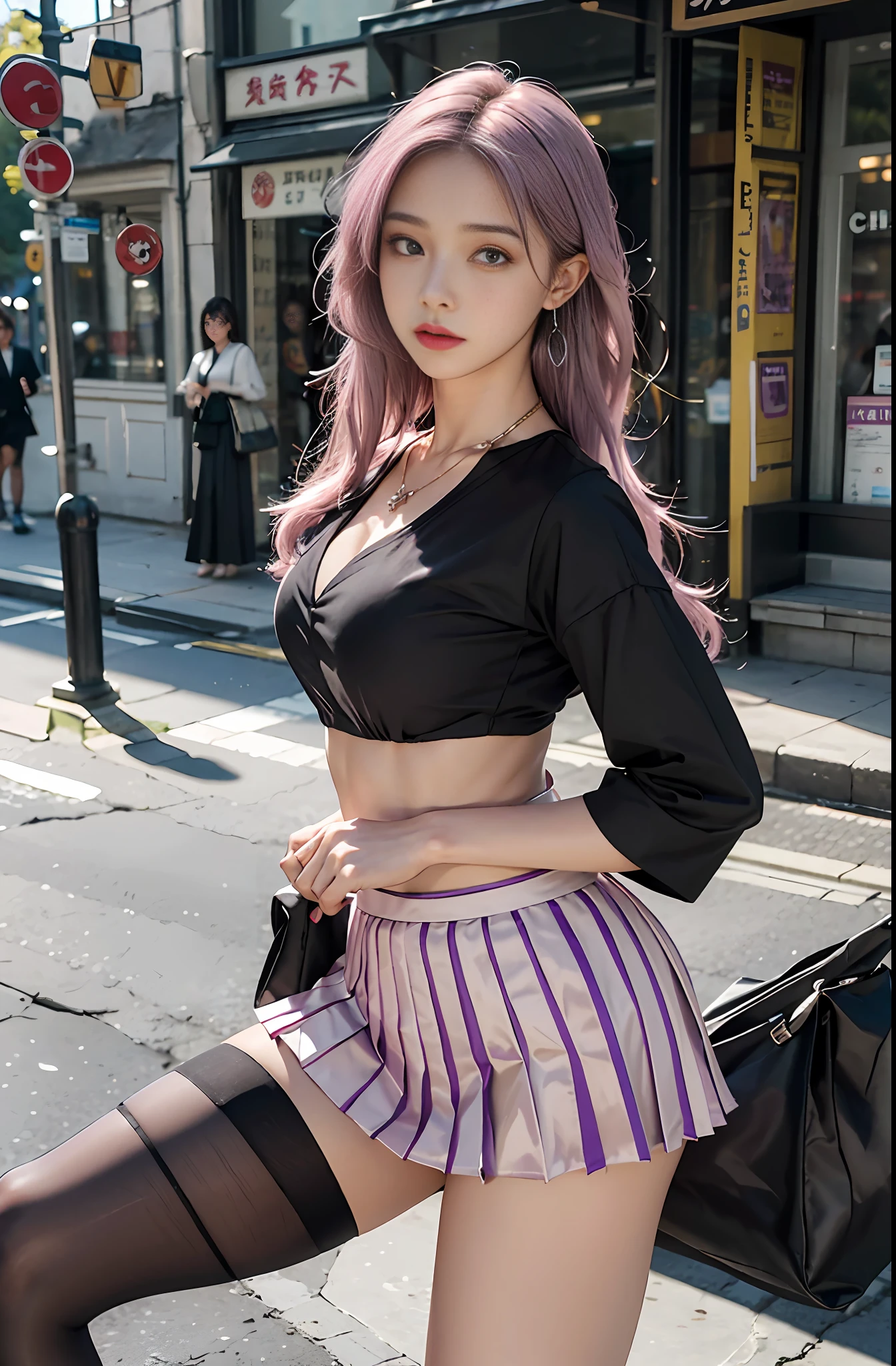 Masterpiece, 1 girl, waist up, faint smile, shiny skin, best quality, masterpiece, (realistic: 1.4), jk uniform, pleated skirt, black stockings, background blur, (large aperture: 1.2), pink purple hair, necklace, earrings, Japanese street, night