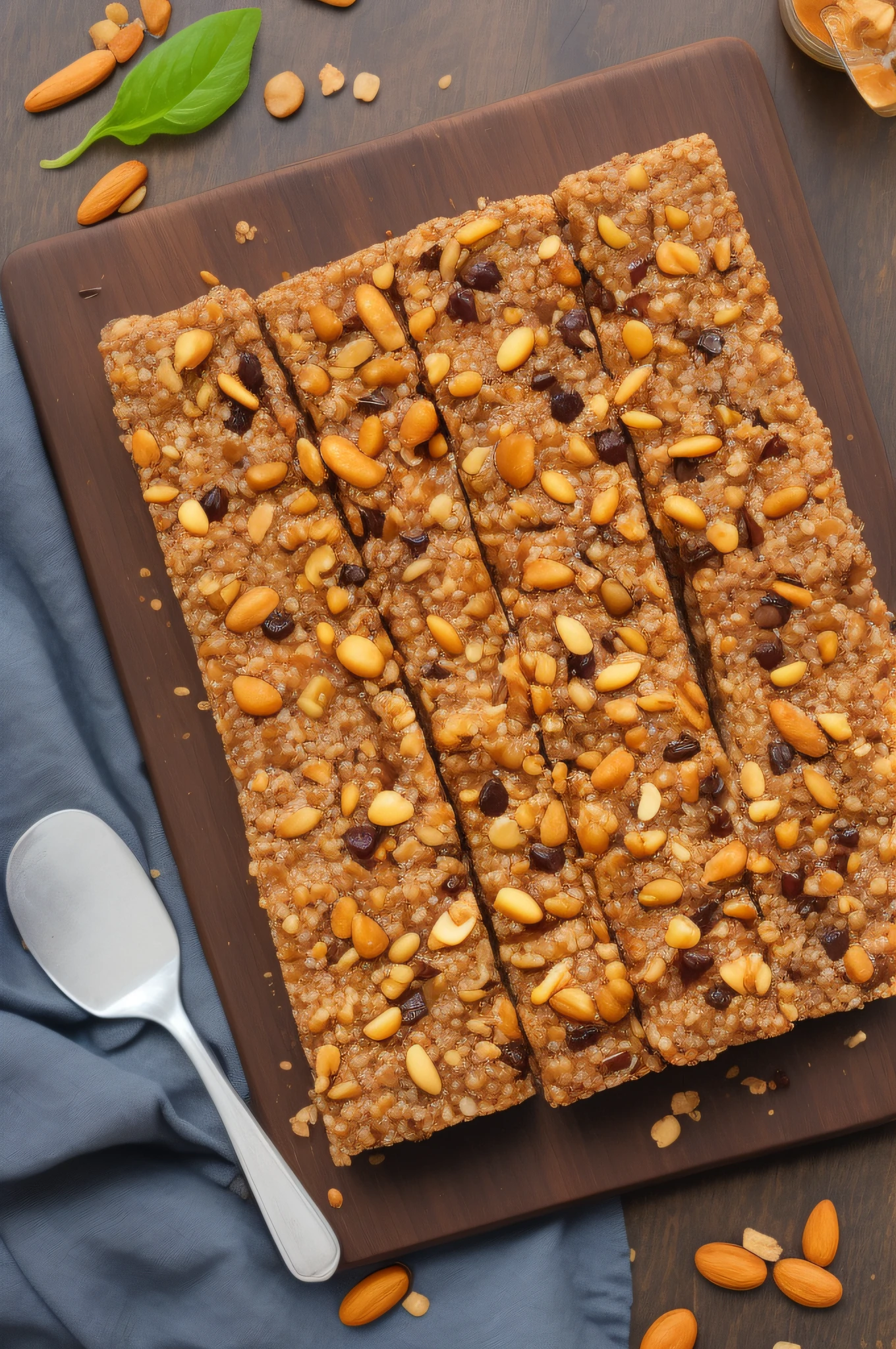 Protein bar with almond-rich caramel sauce, raisins, quinoa, cashews, chia seeds and dark chocolate on a cutting board with beautiful grain