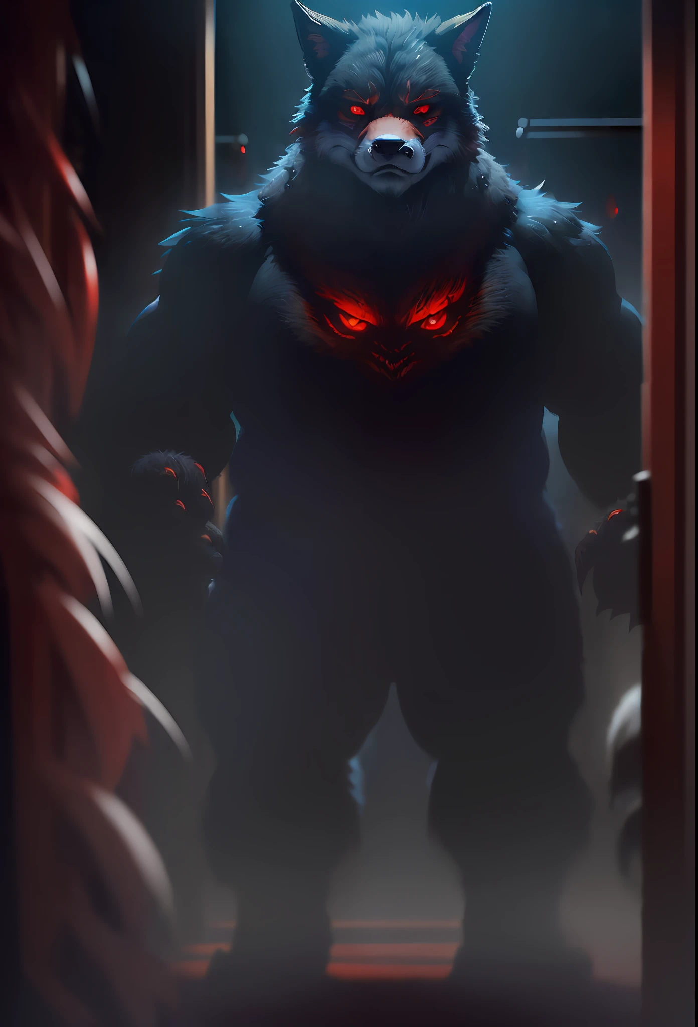 ((Beast: terrifying, big, fat, with fox tails, claws, red eyes glowing detailed, savage teeth saliva))), (((the camera is heading towards him))),((the camera: in the wardrobe, the clothes are looking at the monster and he is looking for them) Night, much scary, horror, panic --auto --s2